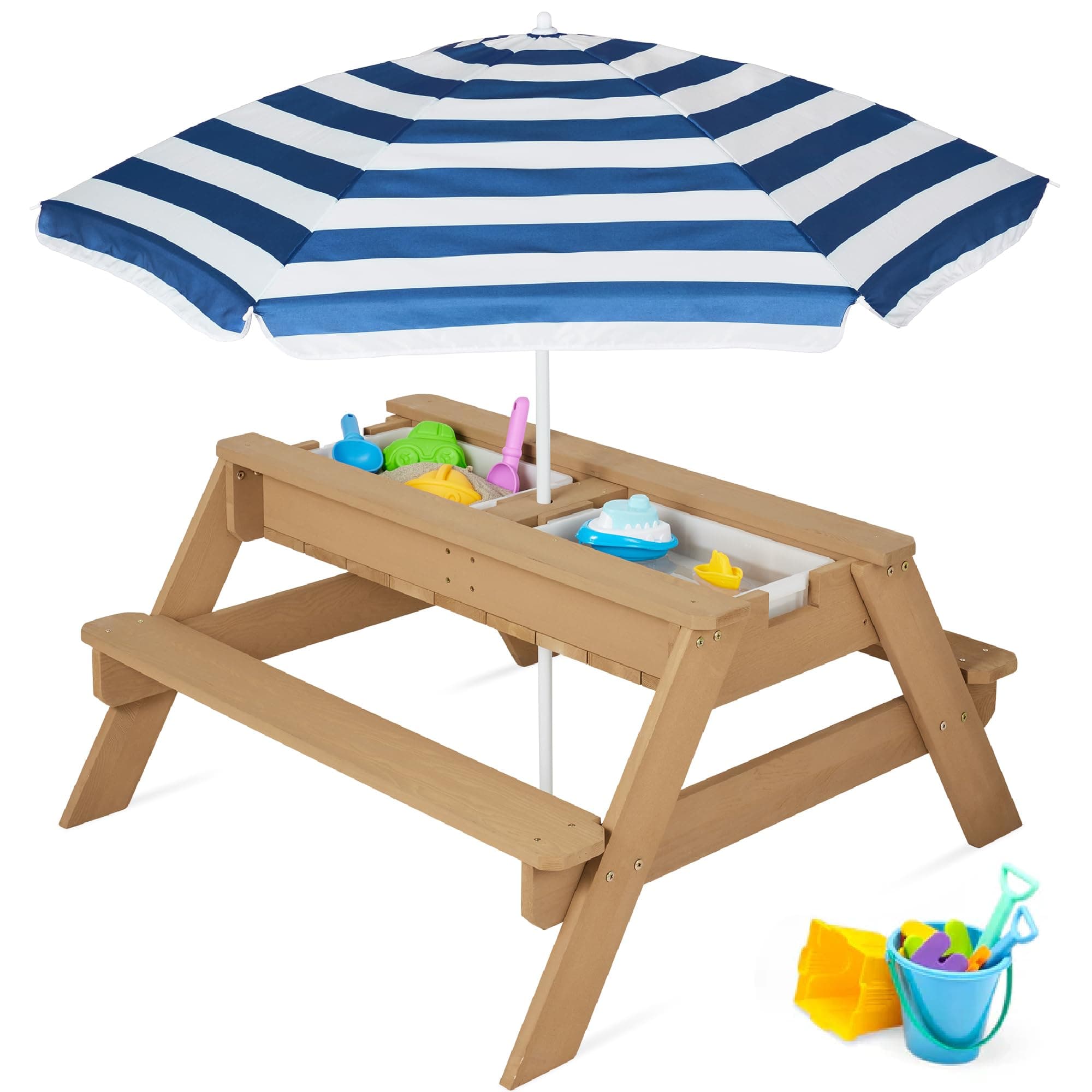 Kids 3-in-1 Sand & Water Table, Wood Outdoor Convertible Picnic Table w/Umbrella, 2 Trays, Removable Top - Navy