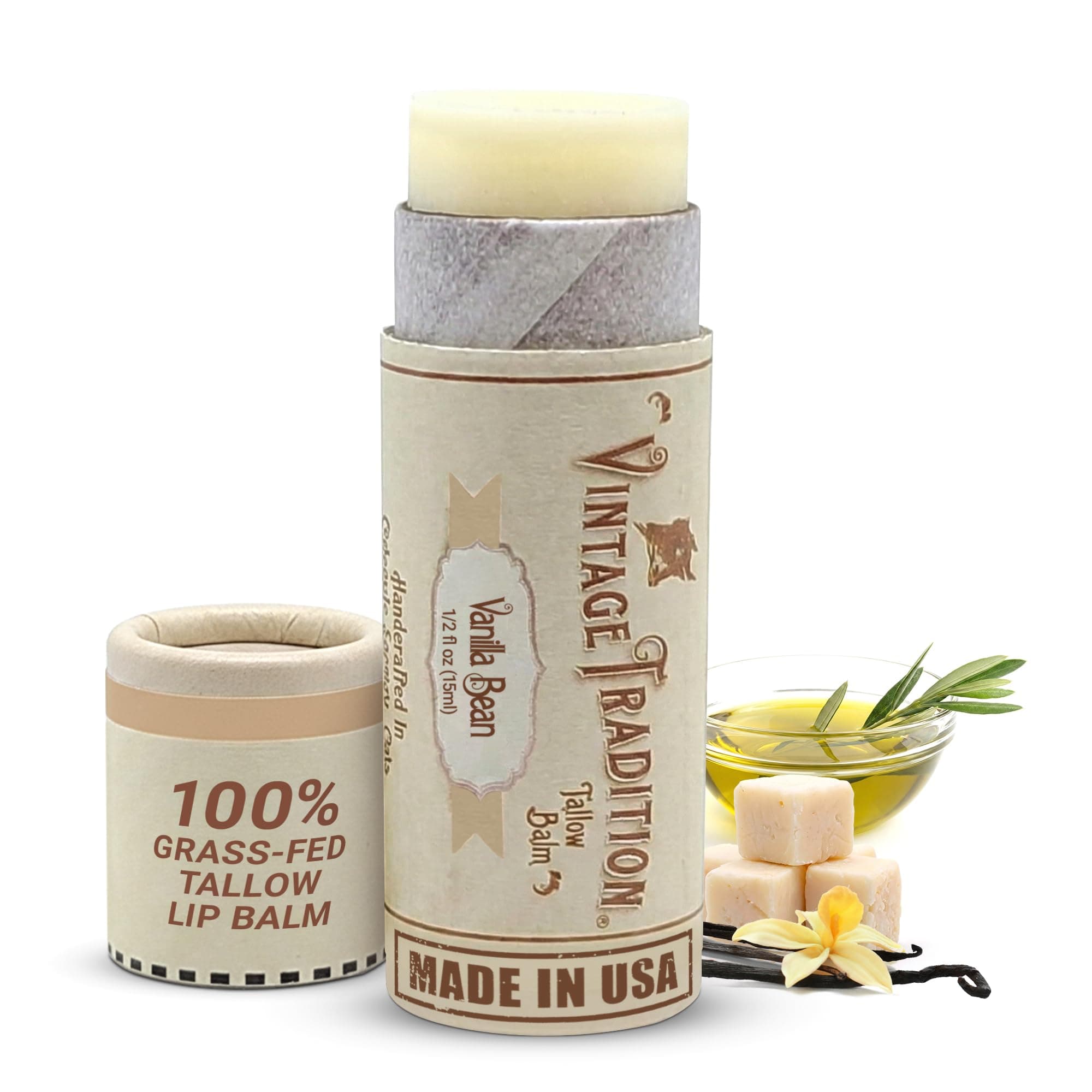 Moisturizing Beef Tallow Lip Balm – Tube Lip Moisturizer with Vanilla Extract Hydrates & Soothes Dry Lips – Grass-Fed Tallow Balm for Skin Care, 0.5 Fl. Oz.