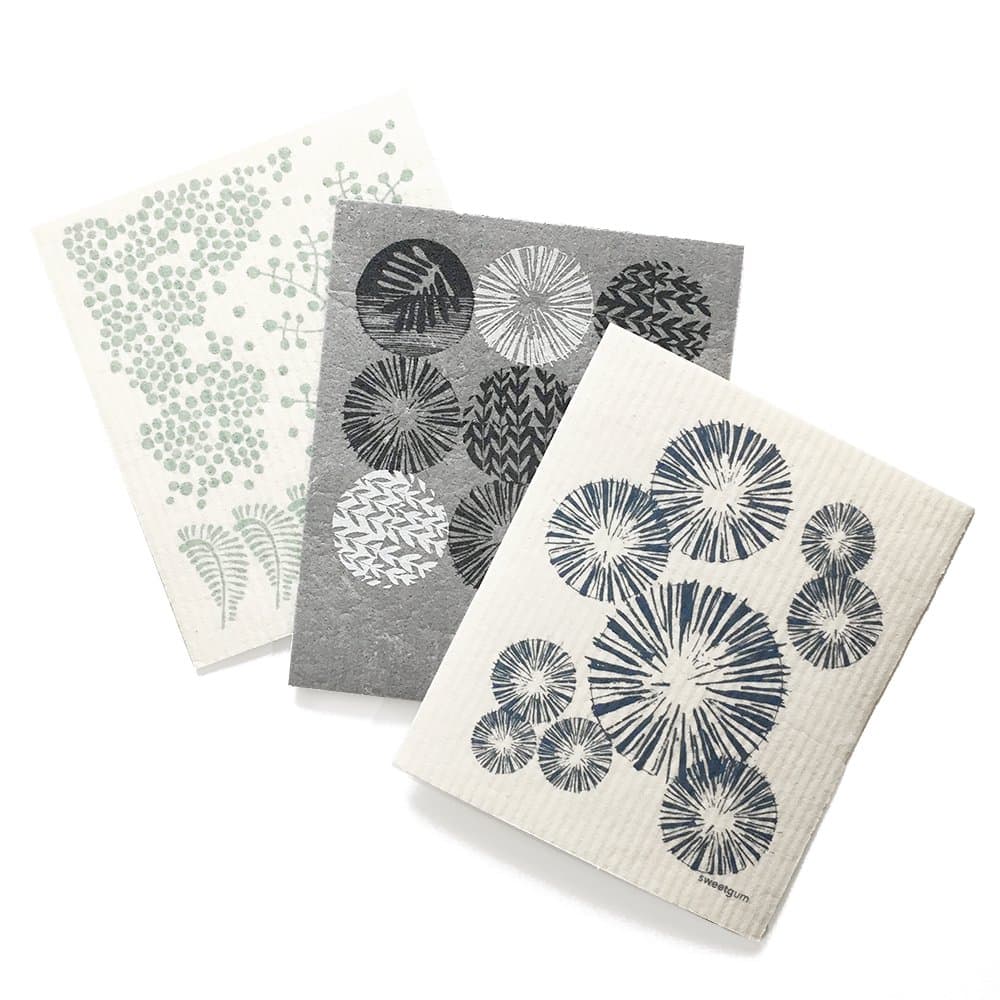 sweetgum Swedish Dishcloth, Woodland (Pinecones, Abstract Woodland, Forest), Eco-Friendly, Set of 3 | Blue/Green/Gray