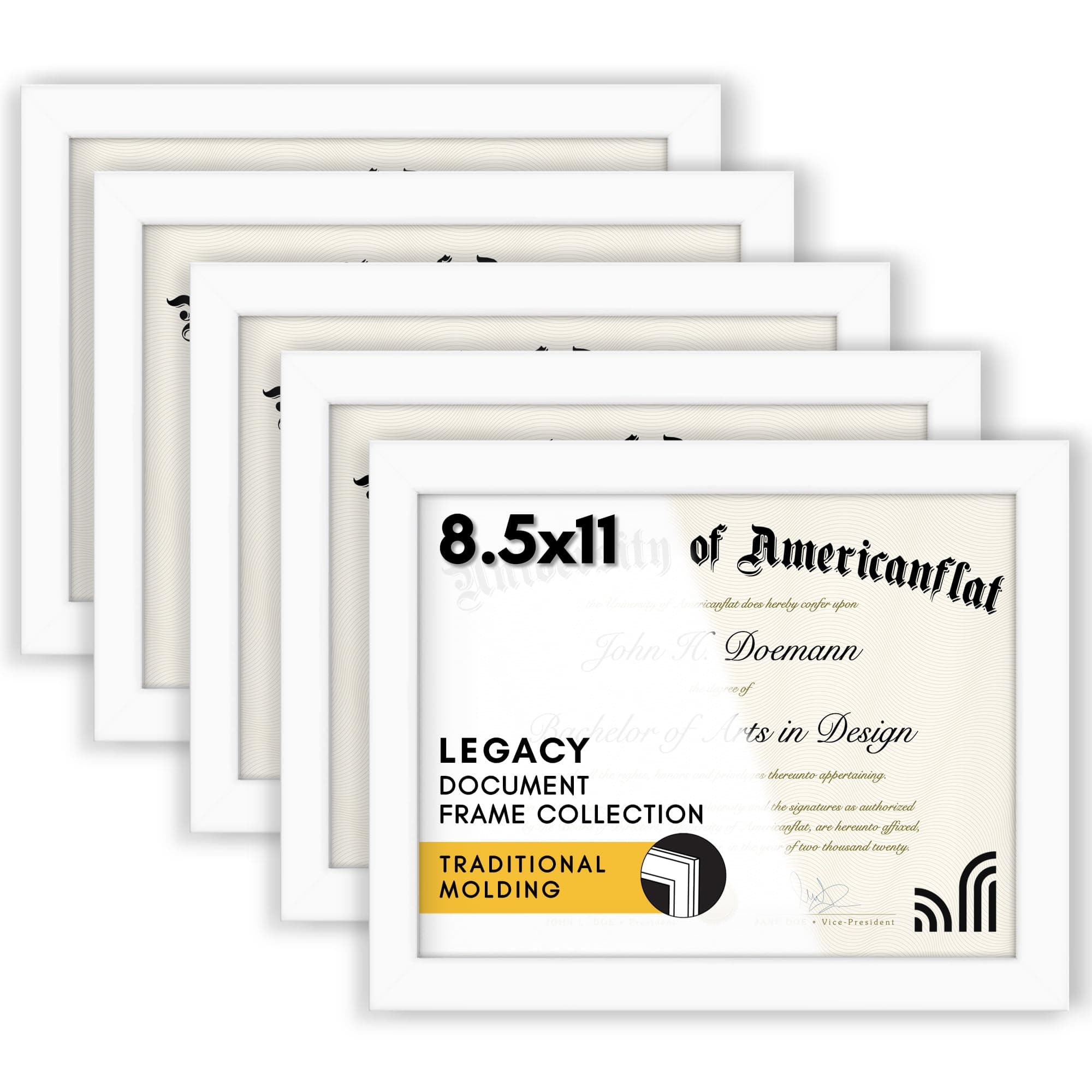 Americanflat 8.5x11 Diploma Frame with Polished Plexiglass - Set of 5 - Legacy Collection - Photo Frames for Tabletop and Wall Display - White