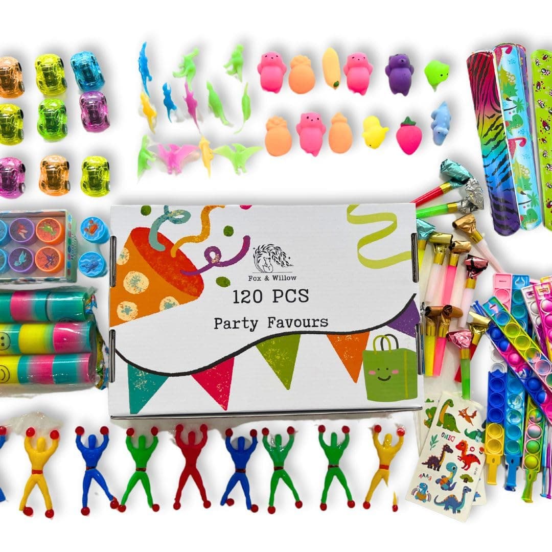 Fox & Willow 120 Pcs Party Favour Box, Treasure Box Prizes, Toys, Goodie Bags Fillers, Party Bag Fillers, Small Fidget Toys for Stocking Pinatas, Stocking Fillers for Kids. 12 x 10 Different Items