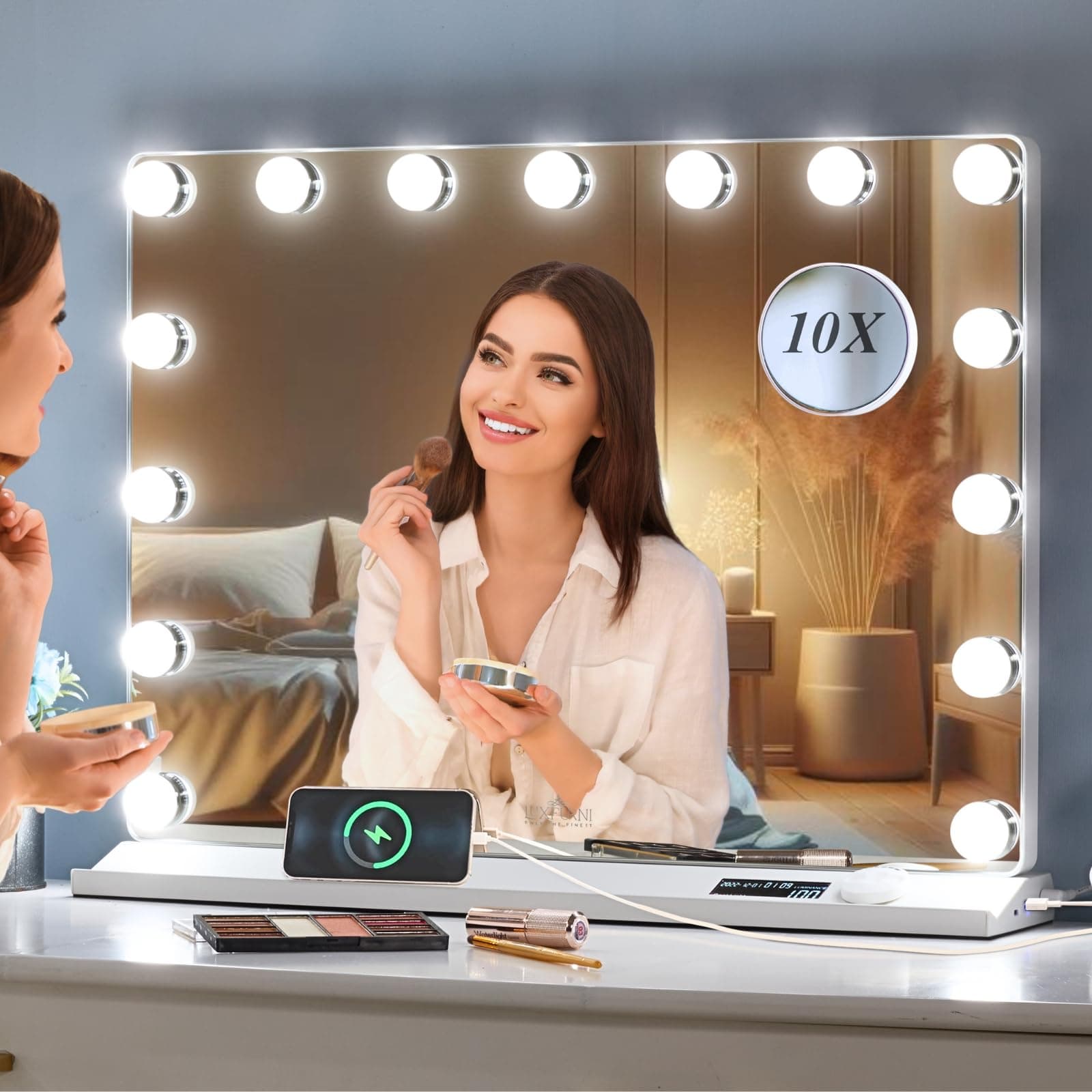 - LUXFURNI Vanity Mirror with Lights, Makeup Mirrors Hollywood Mirror with 15 LED Bulbs, 3 Colors Modes & Adjustable Brightness, 10x Magnification, USB Charging