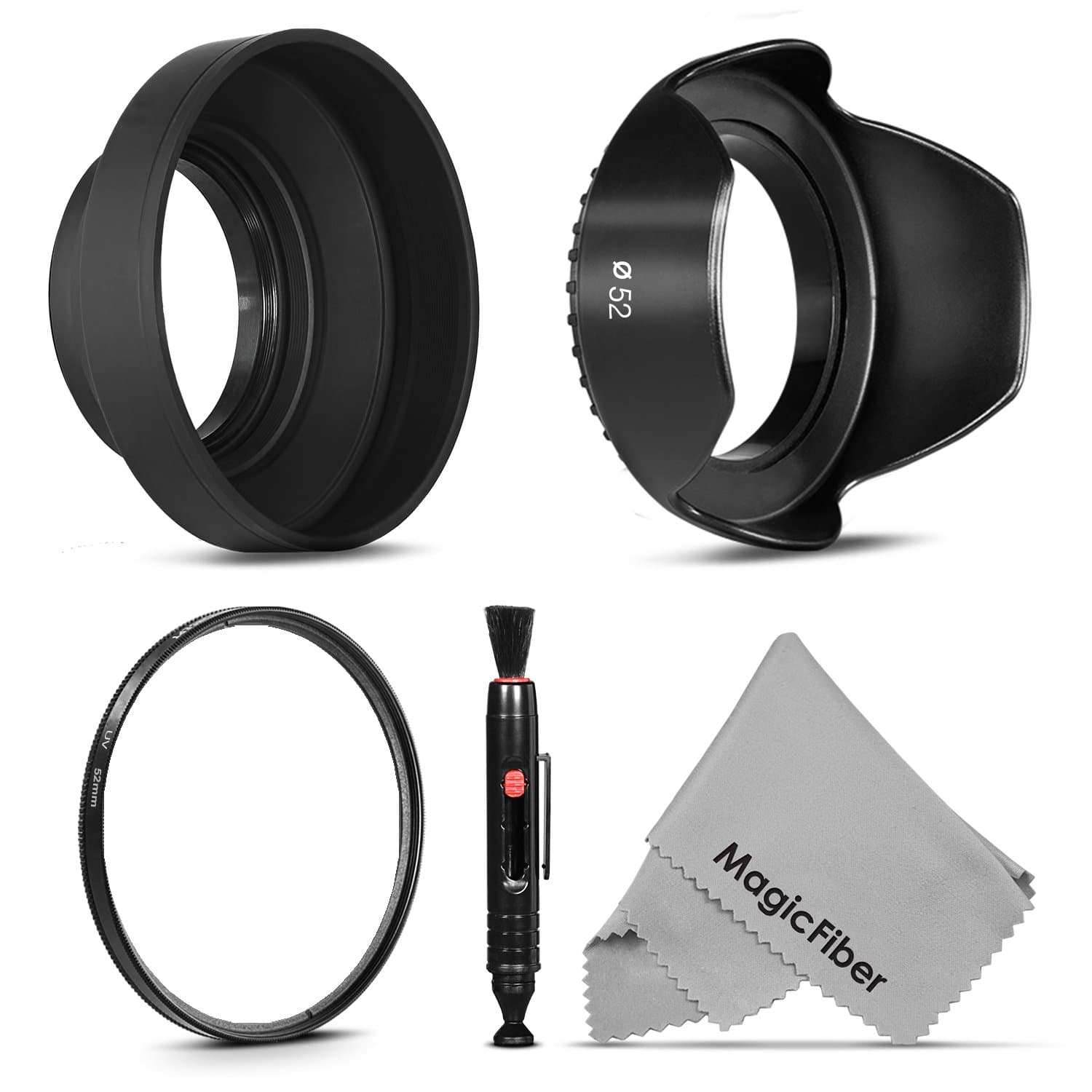 52MM Accessory Kit for NIKON D7100 D7000 D5300 D5200 D5100 D5000 D3400 D3300 D3200 D3100 D3000 D90 D80 DSLR Cameras - Includes: Tulip Lens Hood + Collapsible Rubber Lens Hood + UV Lens Filter