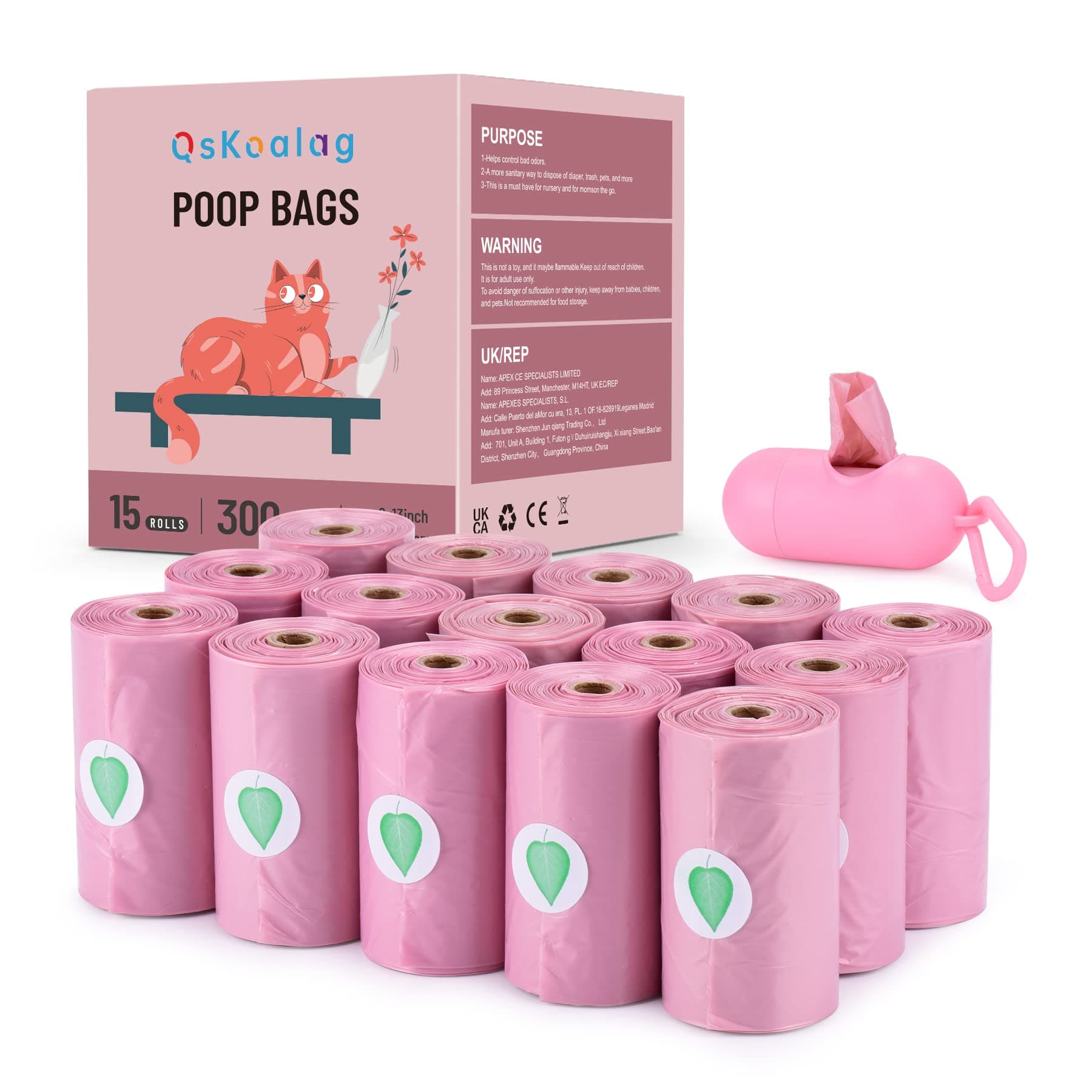 Biodegradable Pink Dog Poo Bags Lavender scent with Dispenser - 300 Large Poop Bags, Extra Thicken Strong Corn Starch Blended Compostable Leak Proof Poop Waste Bag for Dogs