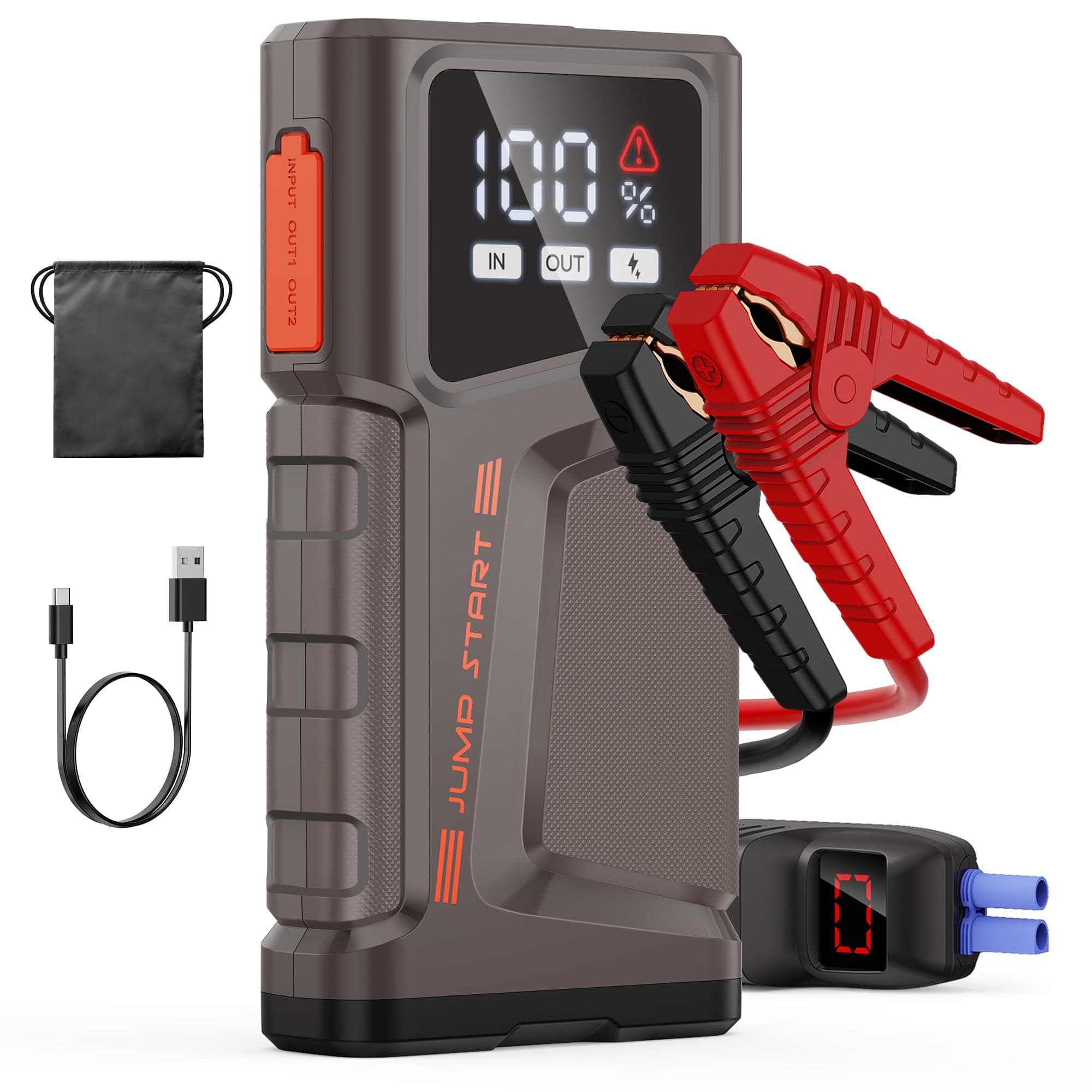 Car Battery Jump Starter, NUSICAN 2000A Portable Car Jump Starter Battery Pack (Up to 7.5L Gas/5.5L Diesel Engine) 12V Jump Box with Jumper Cables, Large LCD Display, USB QC3.0, LED Light, Compact