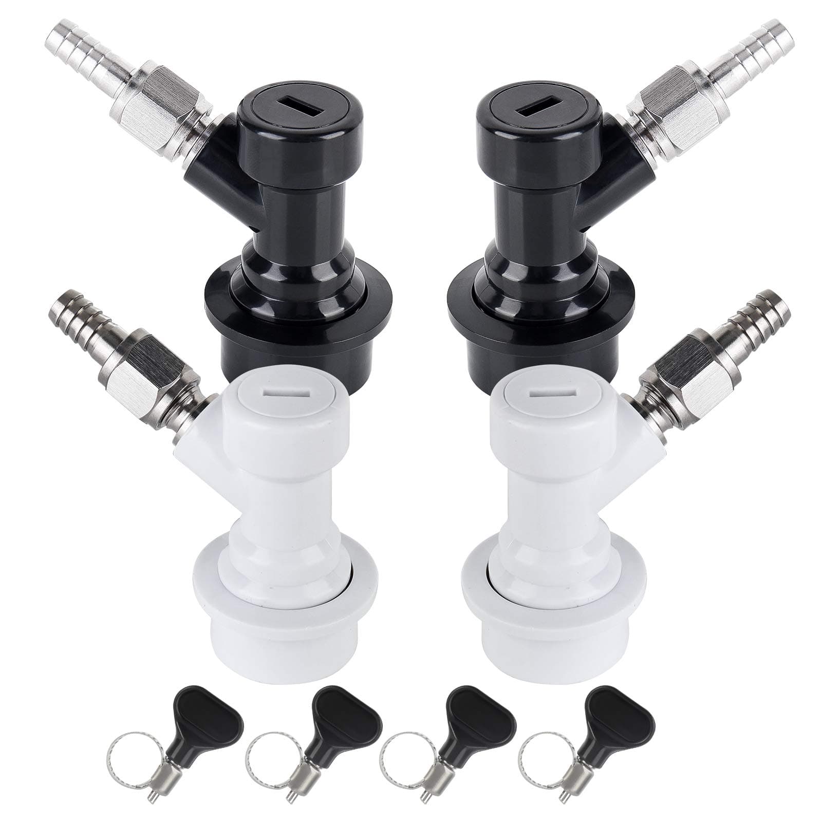 MRbrew 2 Pairs Ball Lock Disconnect Set, Home Brew Ball Lock Corny Keg Fittings for Keg Posts Coupler, with Stainless Steel 5/16'' Gas & 1/4'' Liquid Barbs & Extra 4 Hose Clamps & MFL Swivel Nuts