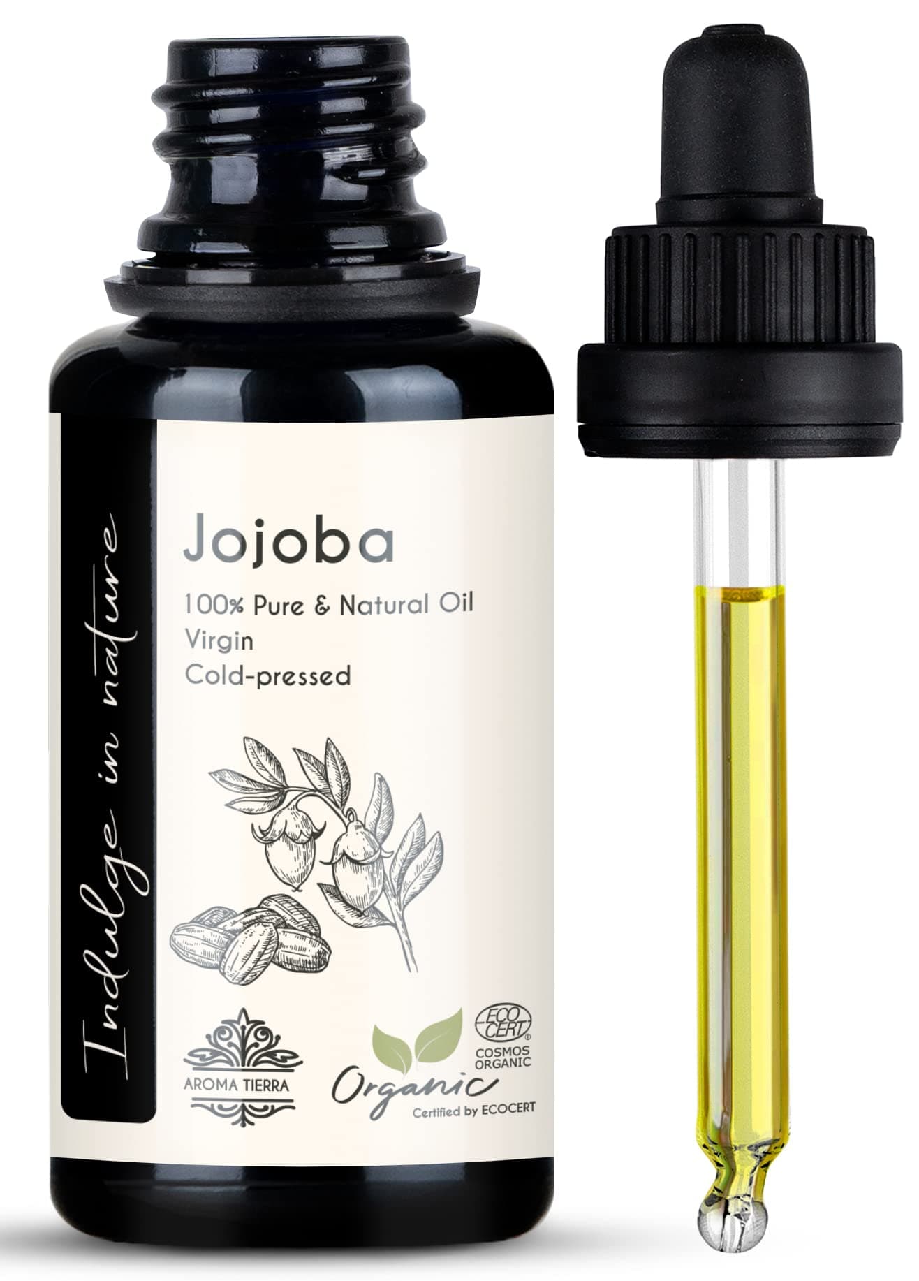 Organic Jojoba Oil - 100% Pure Cold Pressed Unrefined - For Hair Growth, Dandruff, Beard, Face, Body, Dry Skin, Nails - 30ml