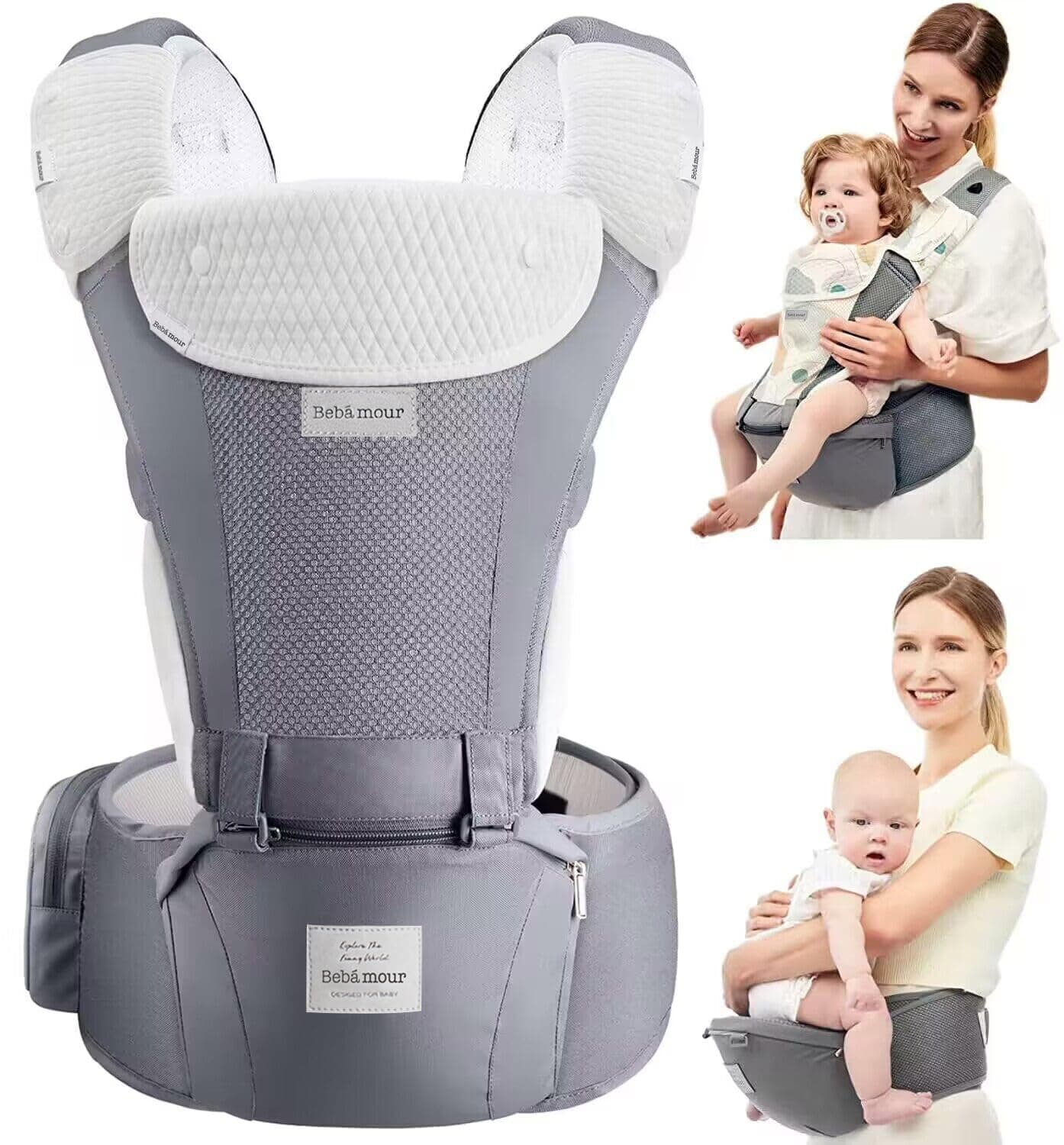 Bebamour Baby Carrier Newborn to Toddler-2 in 1 Hip Seat & Carrier Front and Back Carry with Head Hood & 3 Pieces Teething Pads& Waist Extenders & Storage Bag 0-36 Months (New Grey)