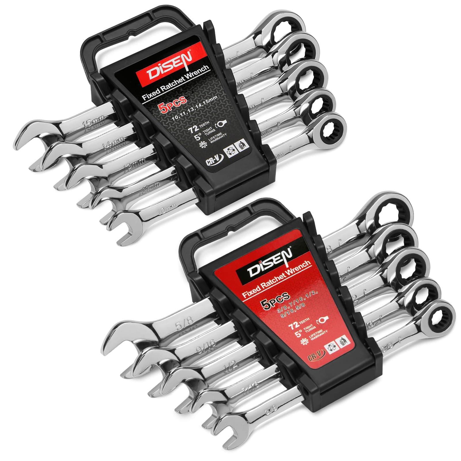 10-Piece Ratcheting Combination Wrench Set, Metric & SAE, 10-15mm & 3/8"-5/8", Chrome Vanadium Steel, 72 Teeth, 12 Point, Auto Repair & DIY Project