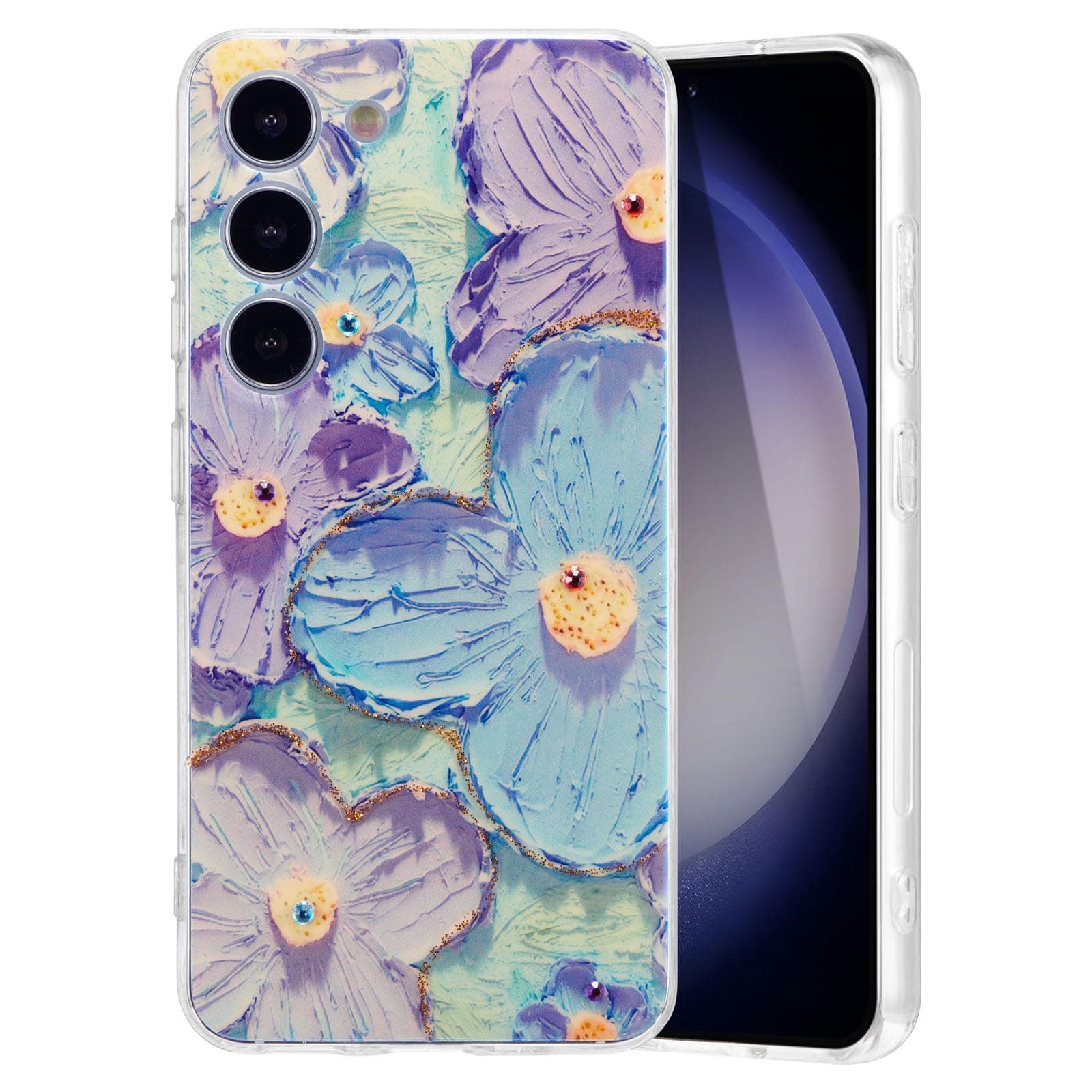 EYZUTAK Case for Samsung Galaxy S23, Colorful Retro Oil Painting Flower Laser Glossy Design Cute Exquisite Floral Blossom Phone Cover Stylish Durable TPU Protective Case for Girls Women -Purple Flower