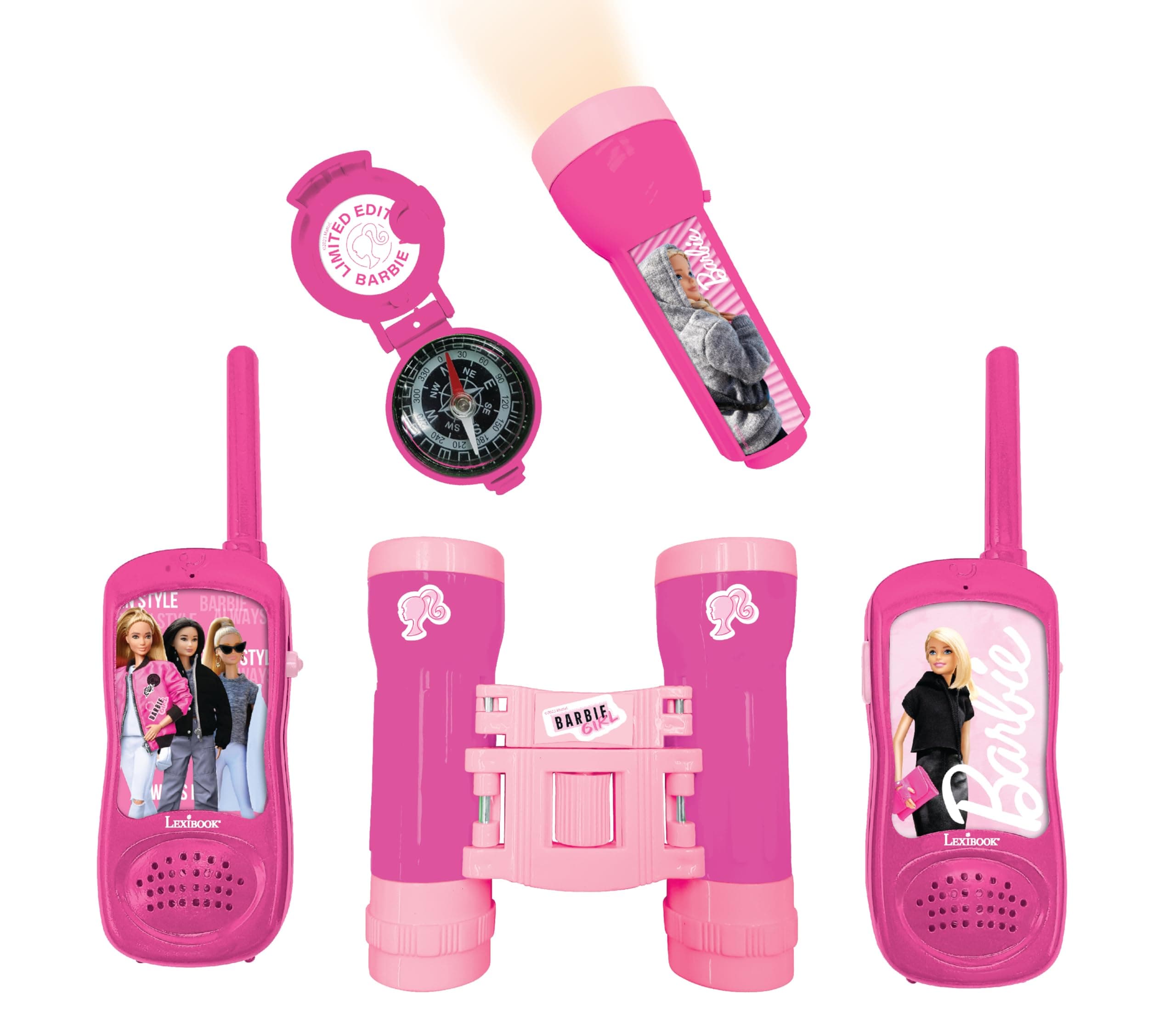 LEXIBOOK Mattel Barbie Adventure Set for Children, Walkie Talkies 120 m, Binoculars, Compass, Torch, RPTW12BB