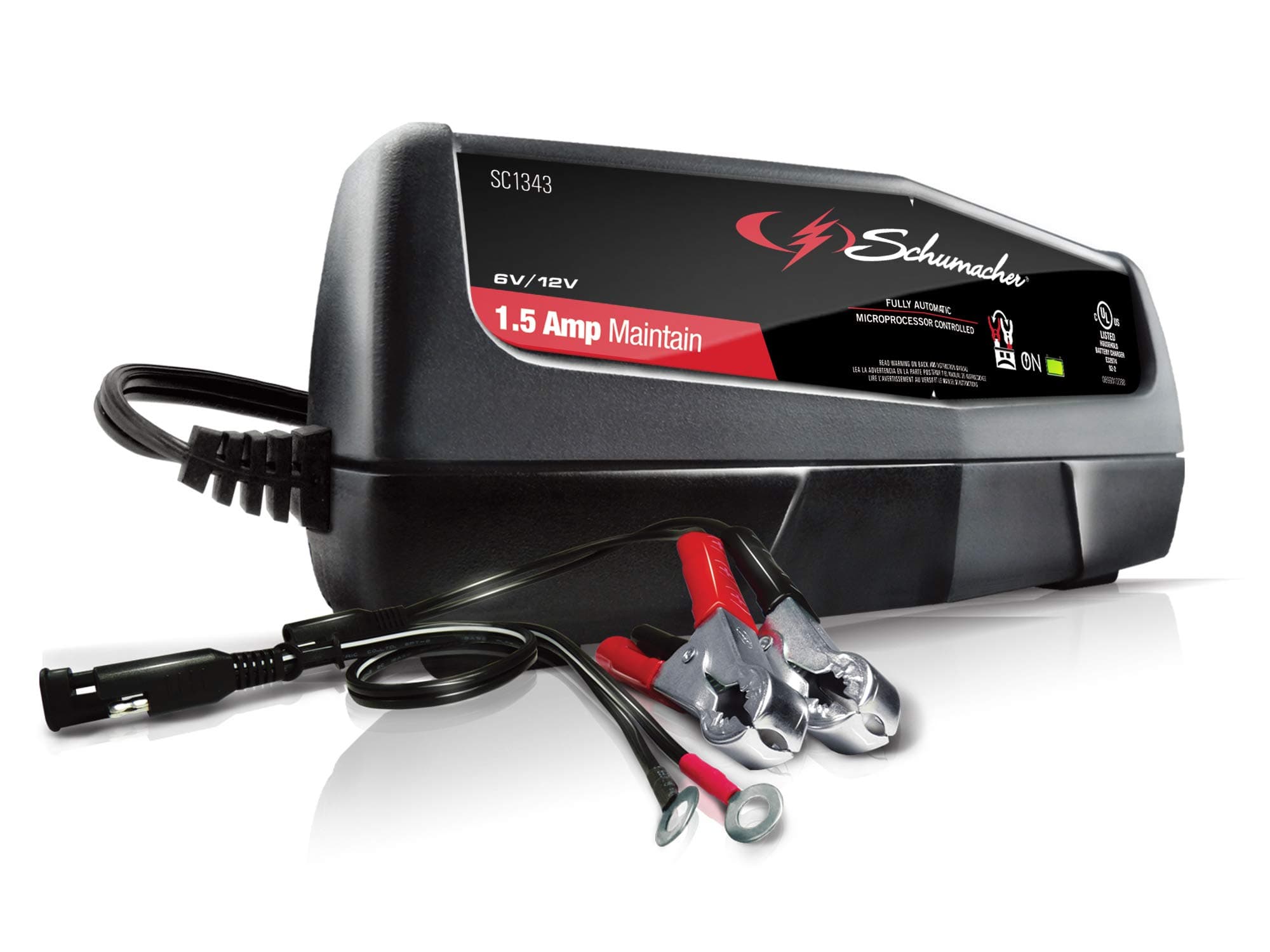 Schumacher Electric 1.5A Car Battery Charger and Maintainer, 3-in-1 Solution, for 6V/12V Batteries Power Sport, Automotive, and Marine Batteries, SC1343