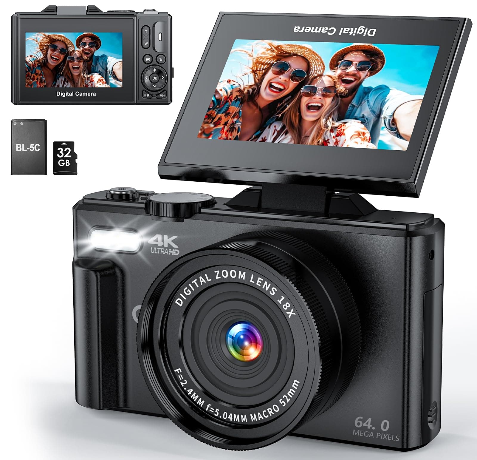 4K Digital Camera for Photography, WiFi 64MP UHD Vlogging Camera with 18X Digital Zoom, Super Wide-Angle Lens, 3" 180° Flip Screen, 32GB SD Card, Dual Batteries, Silver