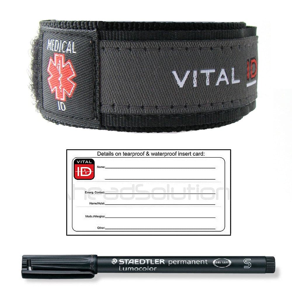 Medical ID Bracelet Grey Value Saver. Wristband, 6 Spare Inserts with Marker Pen. Adult and Child. Waterproof. Allergy. Asthma. Diabetes. Alzheimer. Dementia. Epilepsy. MS. Neurosis. Parkinsons.