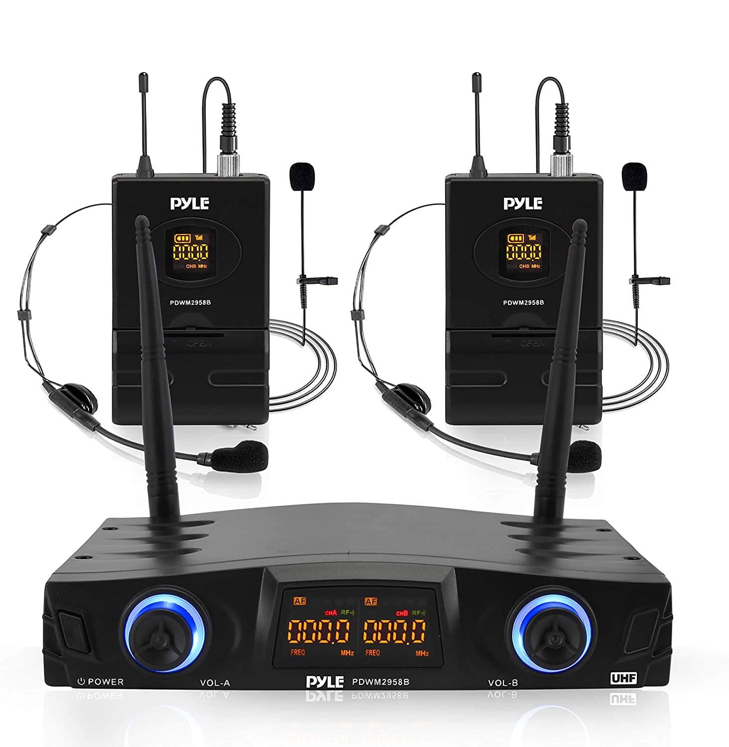 PYLE Compact UHF Wireless Microphone System - Pro Portable Dual Channel Digital Mic Receiver Set W/ 2 Belt-Pack Transmitter, Receiver, 2 Headset, Lavalier Mics, XLR, For Home, PA - PDWM2958B ,Black