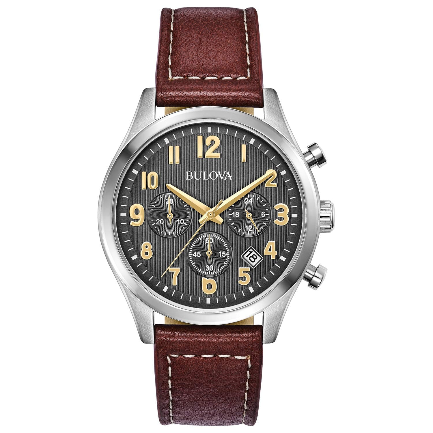 Men's Classic Stainless Steel 6-Hand Chronograph Quartz Leather Strap Watch with Grey Dial, Gold Accents, Arabic Markers, 41mm