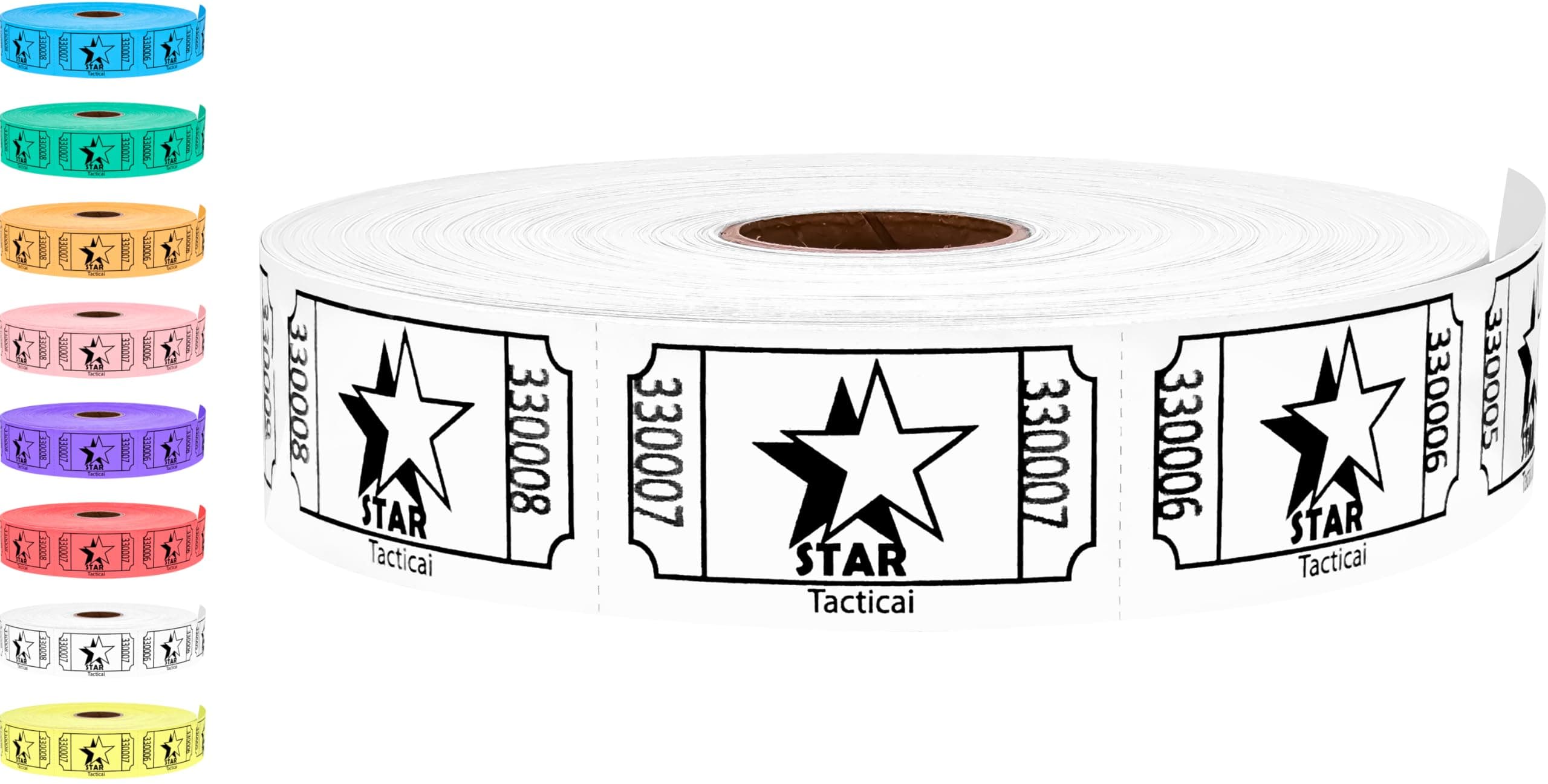 Tacticai 1000 Raffle Tickets, Star, White (1 of 8 Colors), Single Roll, Ticket for Events, Entry, Class Reward, Fundraiser & Prizes