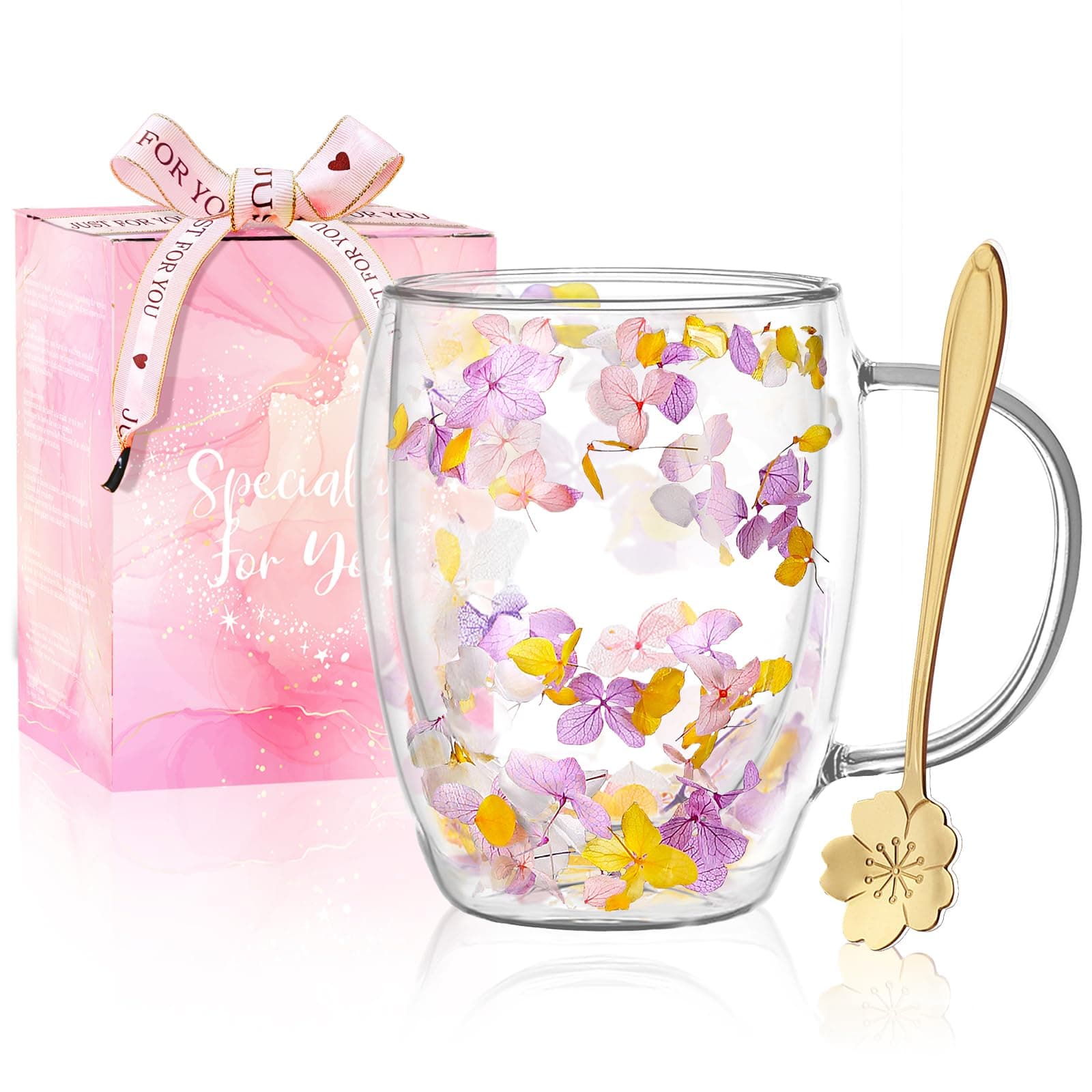 Gifts for Women Dried Flowers Double Wall Glass Coffee Mugs Cute Glass Tea Cups with Handles Christmas Birthday Gifts for Best Friend Teacher Mum Gift New Home Gift Ideas Autumn Mug Home Decor