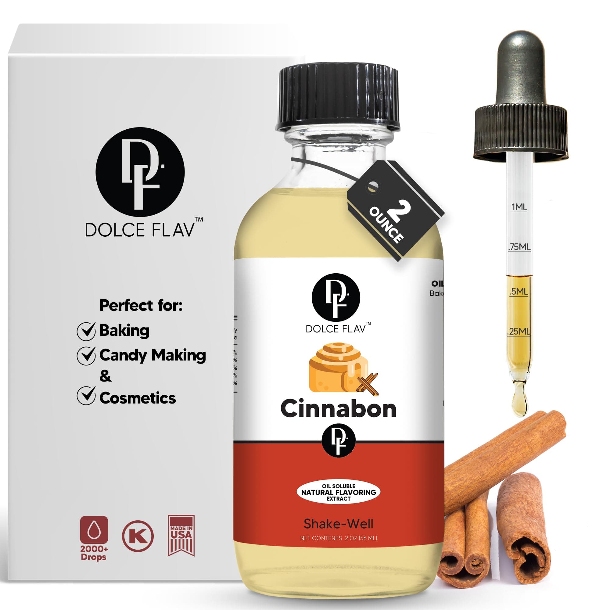Dolce Flav Natural Cinnabon Extract – 2 Ounce Oil-Soluble Kosher, Sugar-Free, Concentrated Spicy Cinnabon Flavoring for Baking, Smoothies & Desserts, Includes Measured Dropper