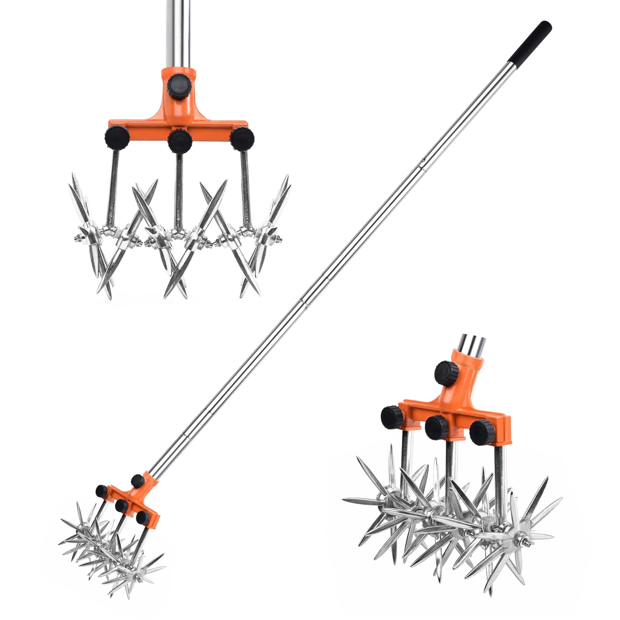 Rotary Cultivator Garden Rotary Tiller Adjustable Stainless Steel Poles Hand Tiller for Soil Mixing or Reseeding Grass Lawn Tiller Total Length 57 Inch.