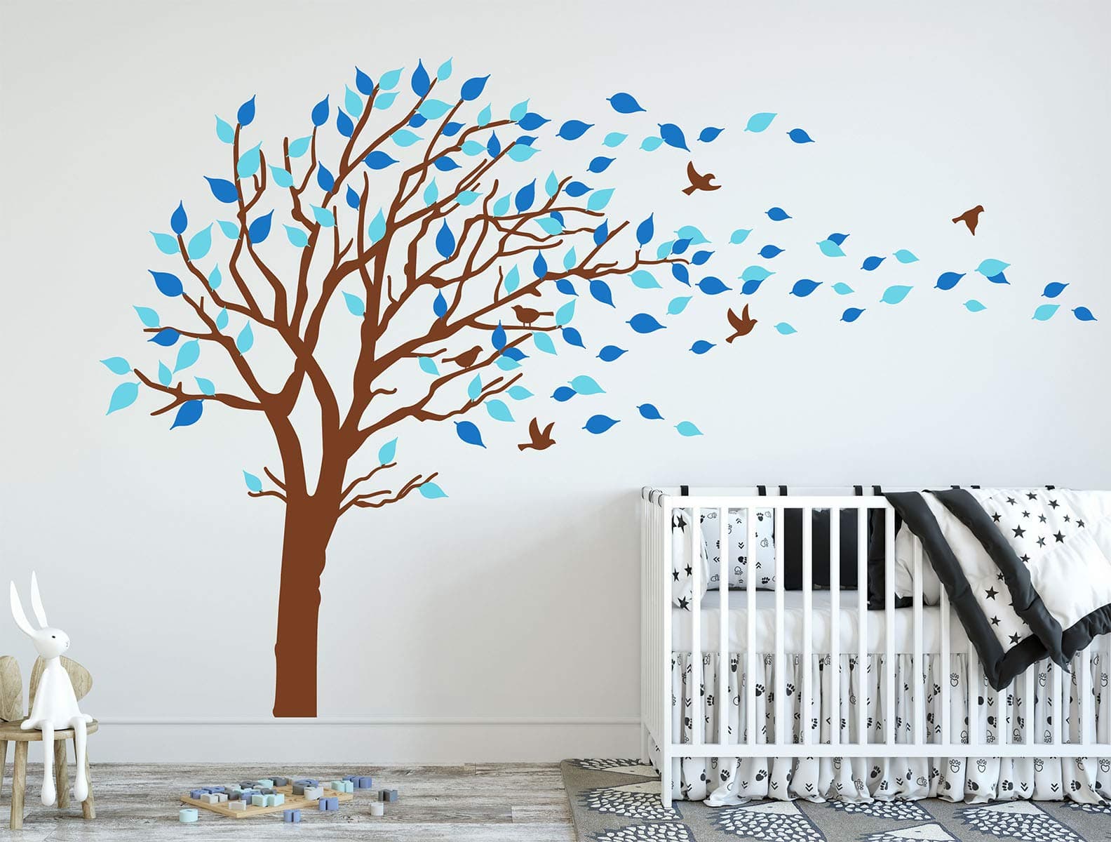 Tree Blowing in The Wind Tree Wall Decals Wall Sticker Vinyl Art Kids Rooms Teen Girls Boys Wallpaper Murals Sticker Wall Stickers Nursery Decor Nursery Decals (Brown+Blue)