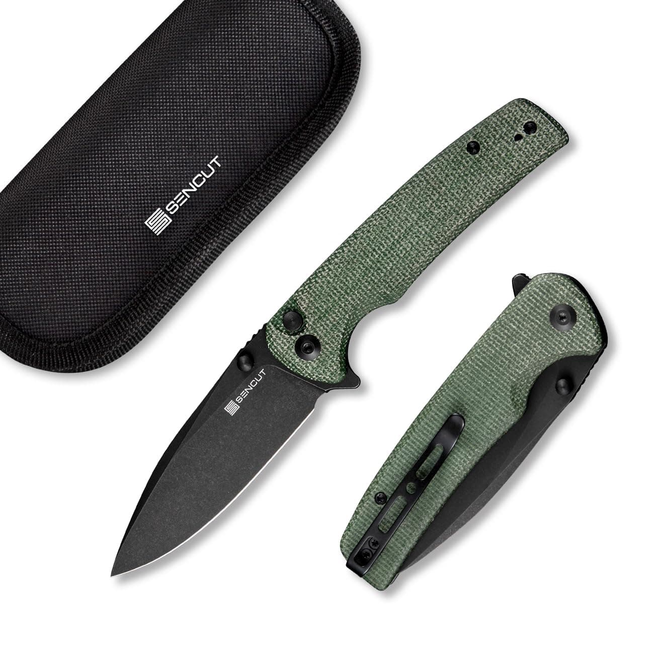 SENCUT Sachse Pocket Knife Folding Knife for EDC, Green Micarta Handle 9Cr18MoV Blade Foldable Knife with Clip, Button Lock Everyday Carry Knife for Men Women Indoor Outdoor Gift S21007-2