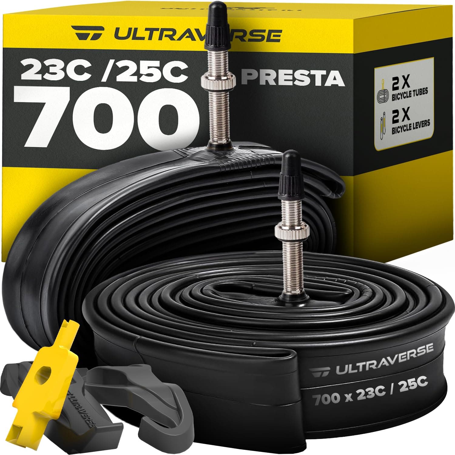 Bike Inner Tube for 700x23-25c, 28 inch Bicycle Wheel Sizes with 48mm Presta Valve - Butyl Rubber Tubes for Road and Gravel Bikes - 2 Tubes with 2 tire levers Included