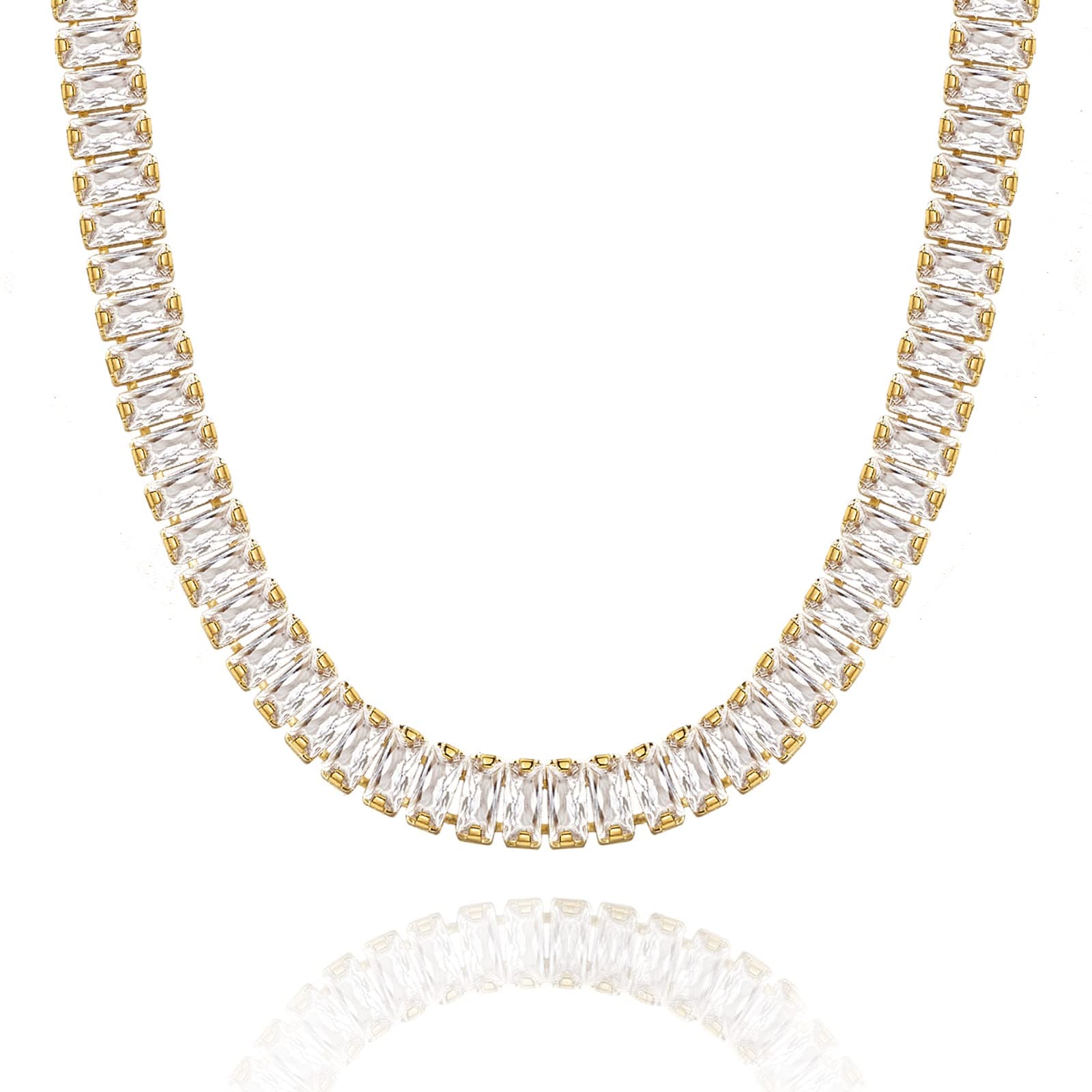 Diamond Tennis Necklace for Women, 14K/White Gold Plated Cubic Zirconia Baguette Tennis Chain Chunky Paperclip Link Cuban Choker Necklace Dainty Jewelry Gifts