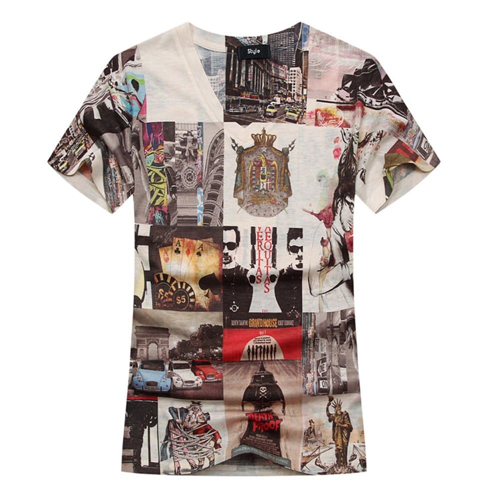 Men's Fashion Mix Color V Neck 3D Printed Thin Summer T-Shirt L