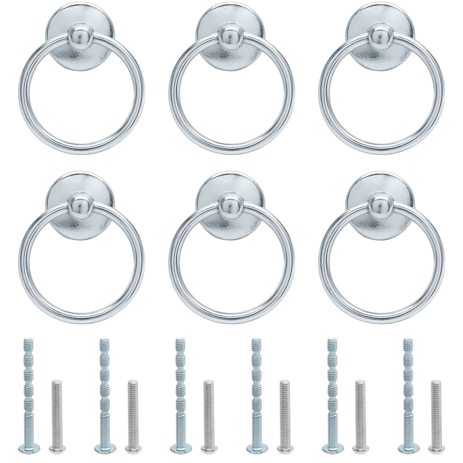 6Pcs Chrome Ring Handle Knobs Round Ring Drawer Pulls for Cabinet Drawer Dresser Cupboard Wardrobe, Single Hole