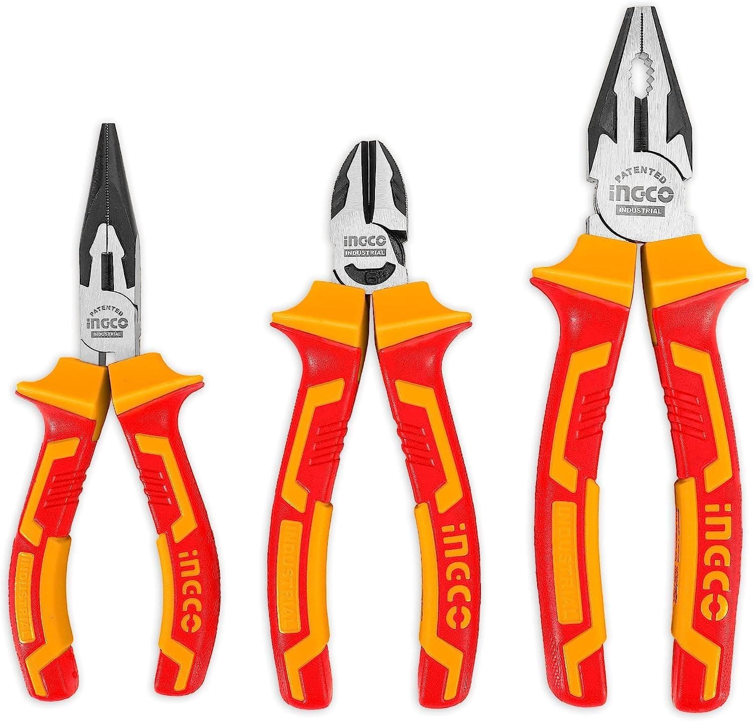 INGCO 3Pcs 1000V VDE Insulated Plier Set, 8" VDE Combination Pliers, 6" Insulated Long Nose plier, 6" Diagonal Cutting plier HIKPS28318