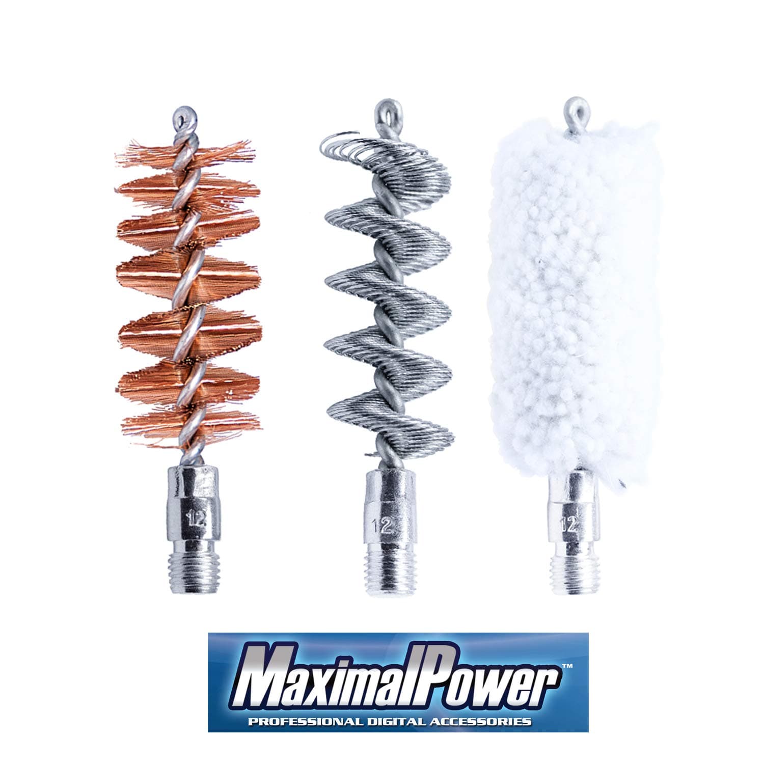 MaximalPower Combo Set of Gun Cleaning Bore Brushes | Tornado Brush Solid Brass Jag Phosphor Bronze Nylon Cotton Brush Mop | for 12 Gauge/18.5-20mm.357 cal/9mm.45 cal/10mm Firearms