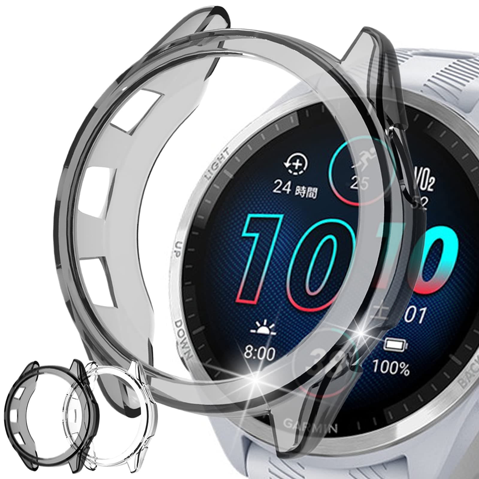 (2 Pack) Miimall Compatible for Garmin Forerunner 965 Case, Scratch-Resistance TPU Military Protection Translucent Cover Case for Garmin Forerunner 965/ Garmin 965 (Clear+Black)