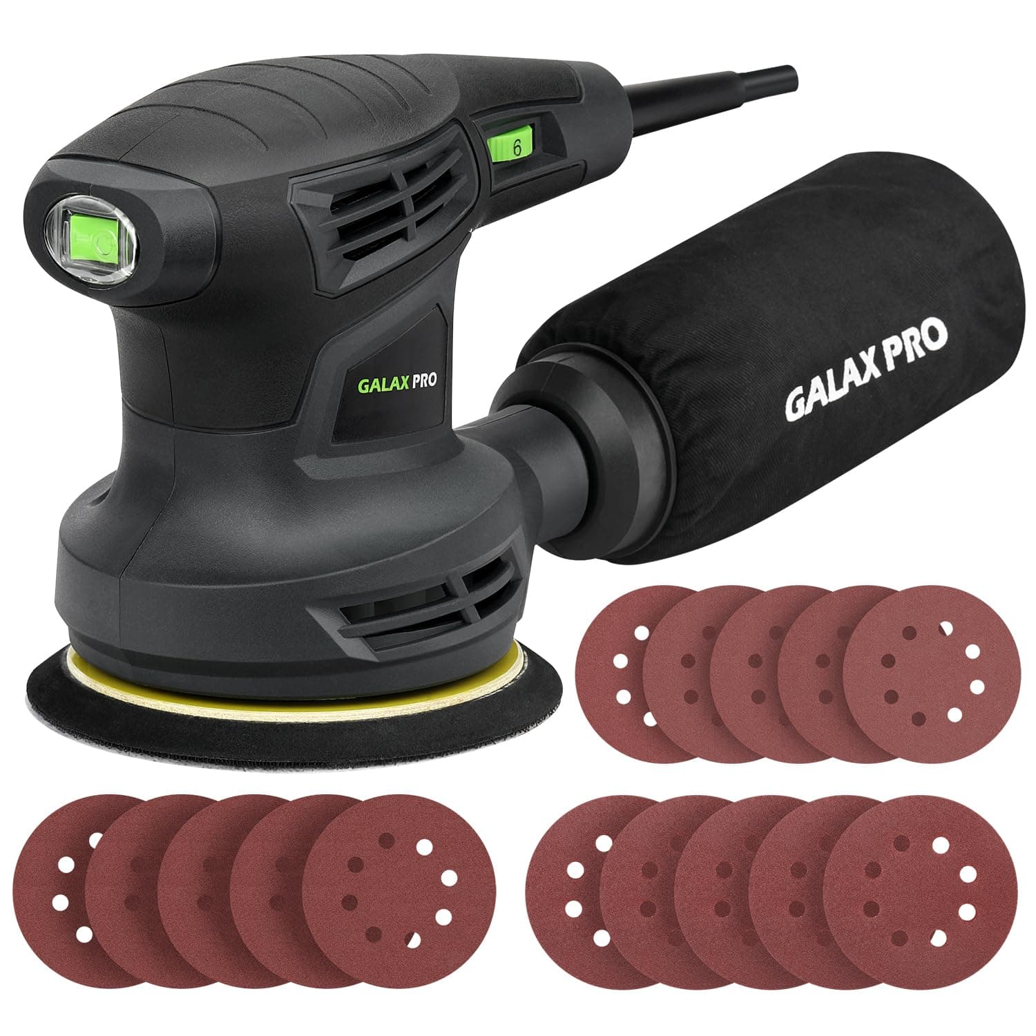 – GALAX PRO Orbital Sander,280W 13000 OPM Random-Orbit Sanders 6 Variable Speeds with 15Pcs Sanding Discs 125mm, Electric Sander with Dust Collector for Sanding and Polishing