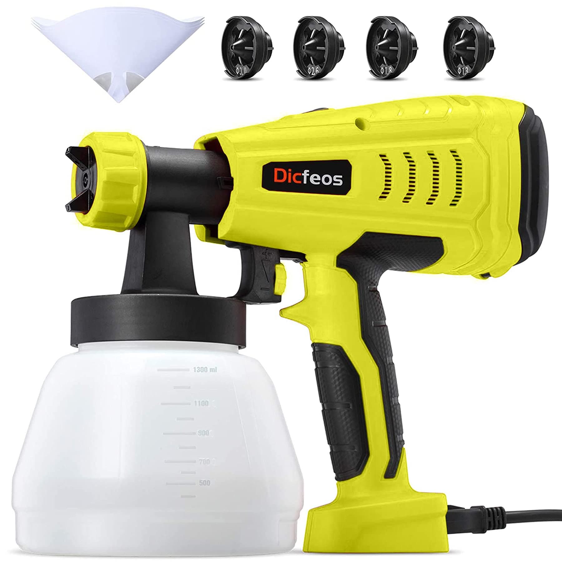 Dicfeos Paint Sprayer, 700W High Power HVLP Home Spray Gun with 1300ml Container, 4 Nozzle Sizes for Fence, Cabinet and Furniture, Easy Spraying and Cleaning, Yellow