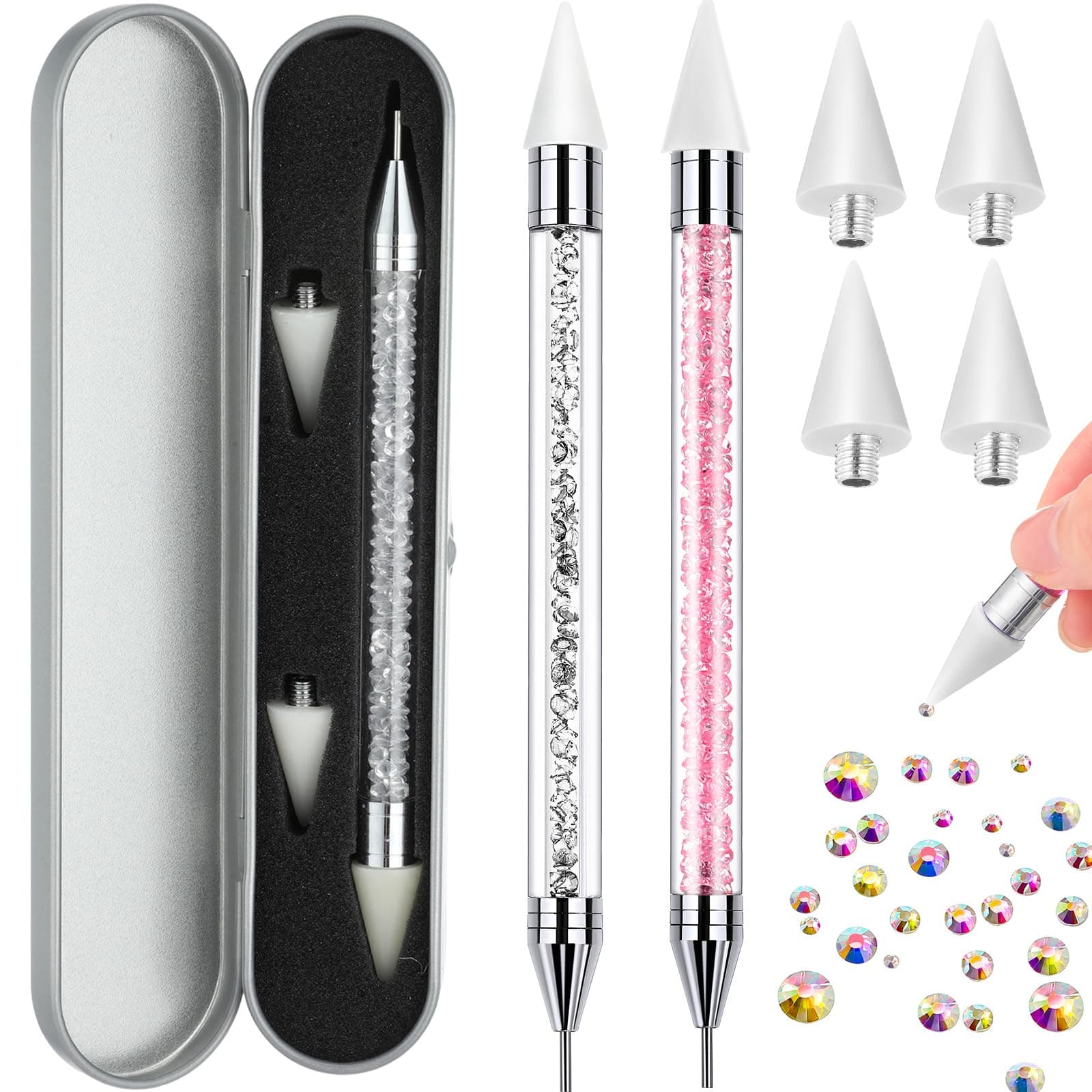 Tatuo 2 Pieces Rhinestone Picker Dotting Pen, Dual-ended Rhinestone Gems Crystals Studs Picker Wax Pencil Pen Crystal Beads Handle Manicure Nail Art DIY Decoration Tool (Pink, White)