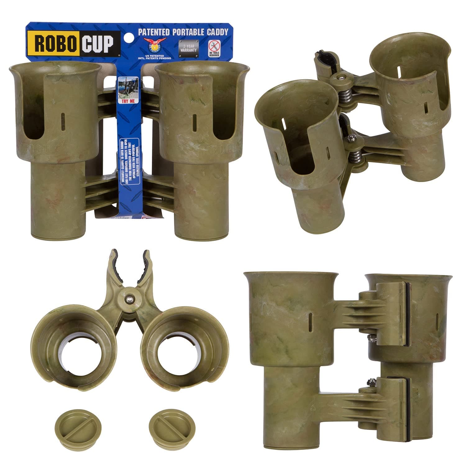ROBOCUP, Patented Boat Cup Holder, Clamp on Portable Storage Caddy Securely Holds 2 Drinks, Fishing Poles, Tools, Marine Gear | Perfect for Boating, Beach Umbrellas, Golf Carts