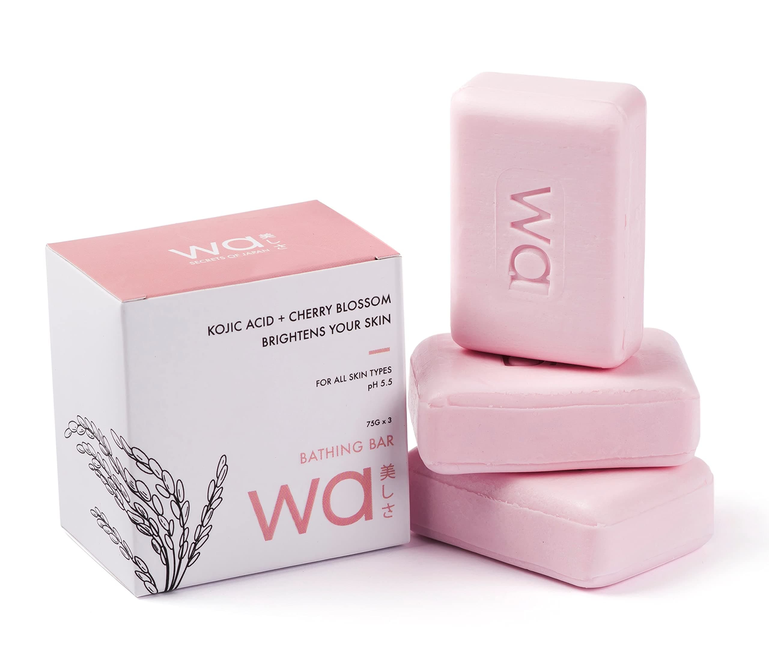 Wa - Secrets Of Japan | Skin Brightening Soap | Kojic Acid, Cherry Blossom, Vit. C & E | Ph 5.5 | 75G X Pack Of 3 | Glutathione, Arbutin, Papaya Extract & Shea Butter