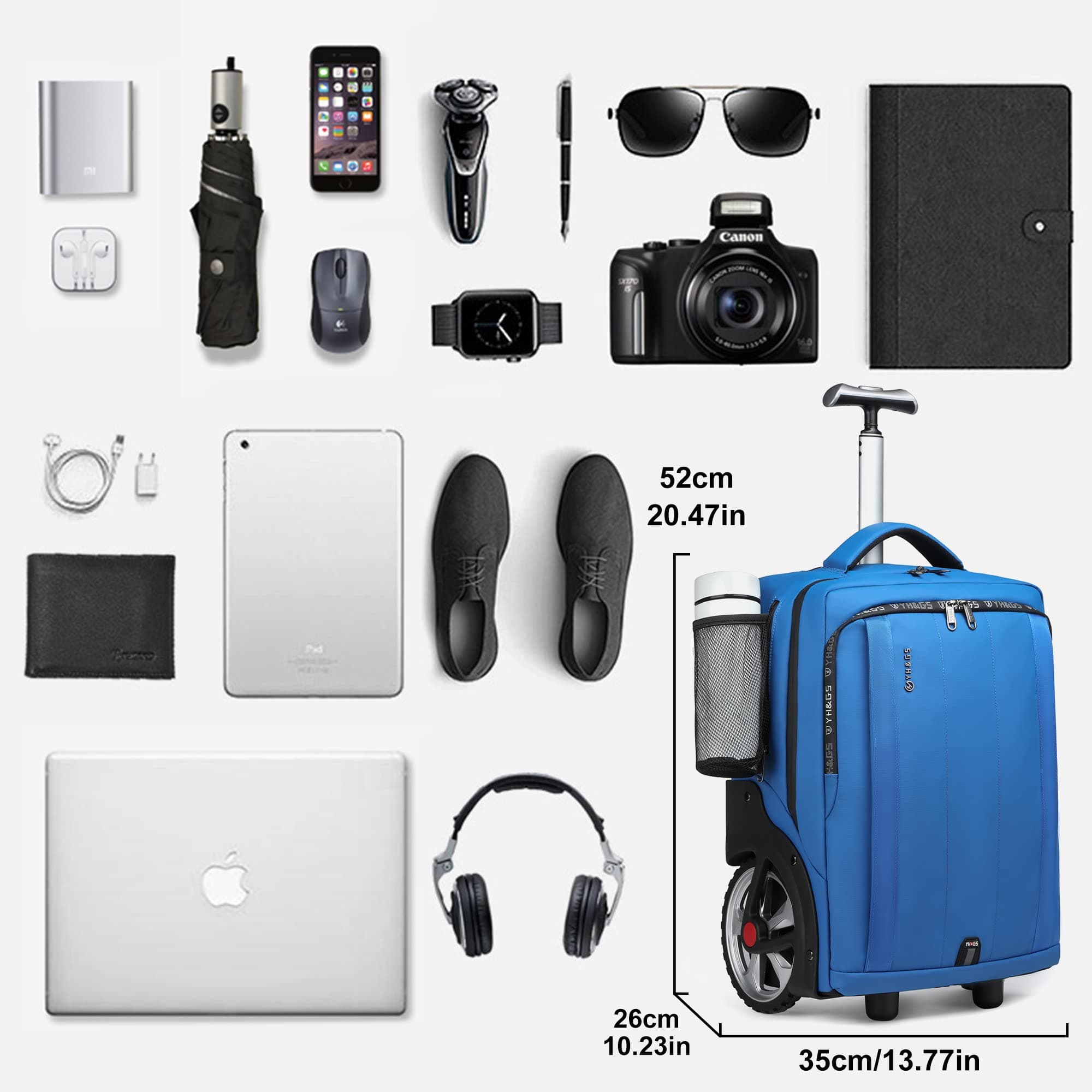 Rolling Backpack Wheeled Business Bag, Carry On Luggage Waterproof, Blue, 20 inches