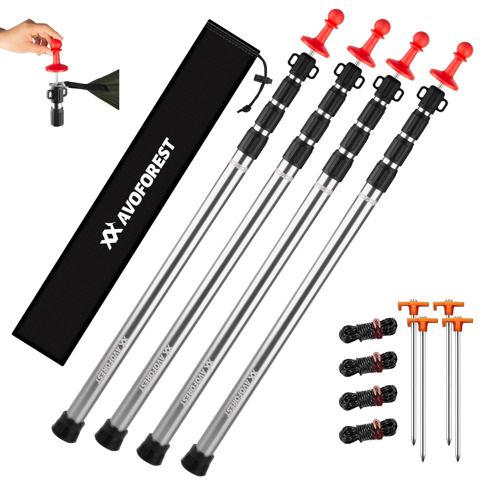 Tarp Poles Heavy Duty Adjustable, AVOFOREST Aviation Aluminum 8.7FT Tent Poles Lengthen and Thicken with Protection Cap Awning Poles Set of 4 for Hiking Silver
