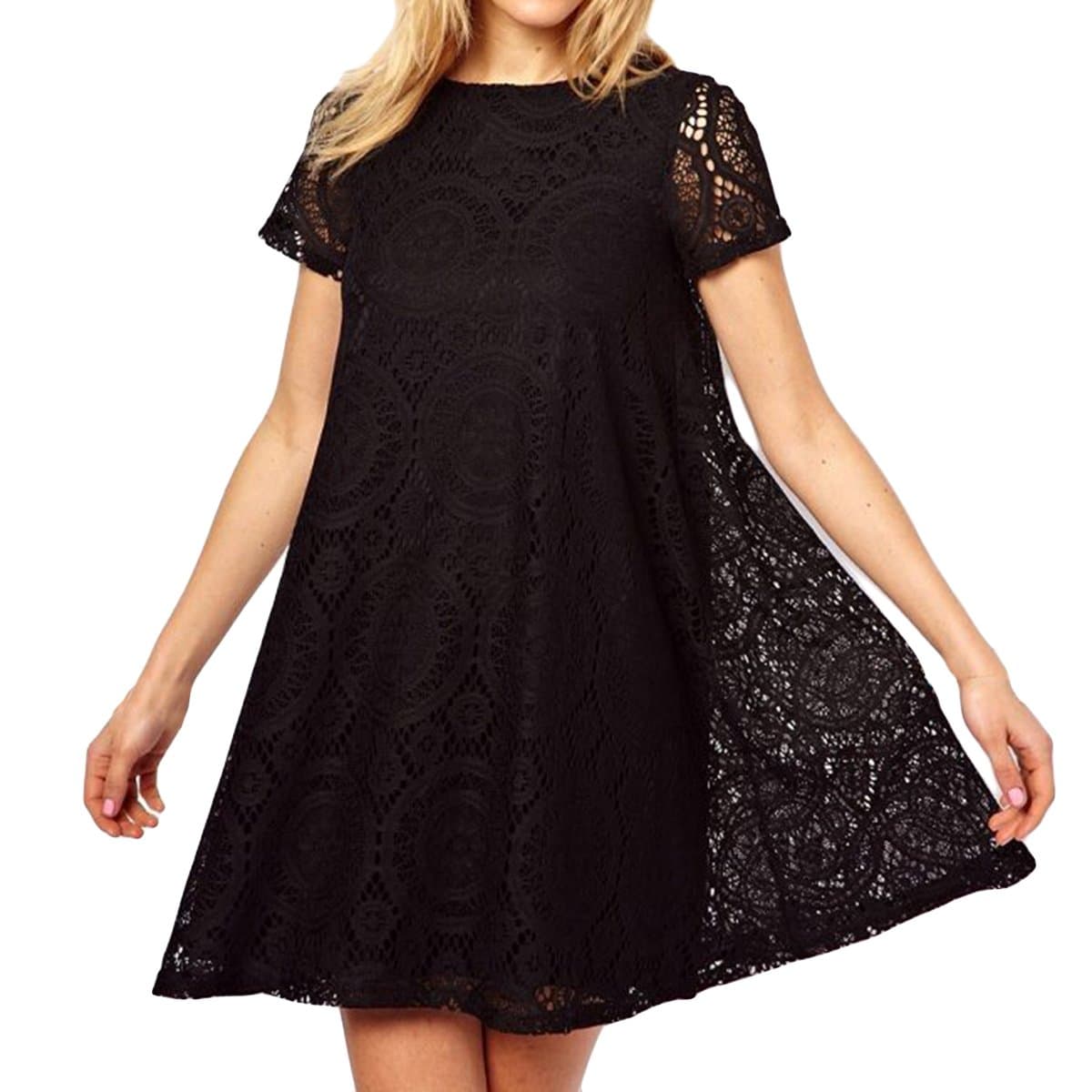 Genluna Short Sleeve Lace Cocktail Party Loose Princess Mini Dress