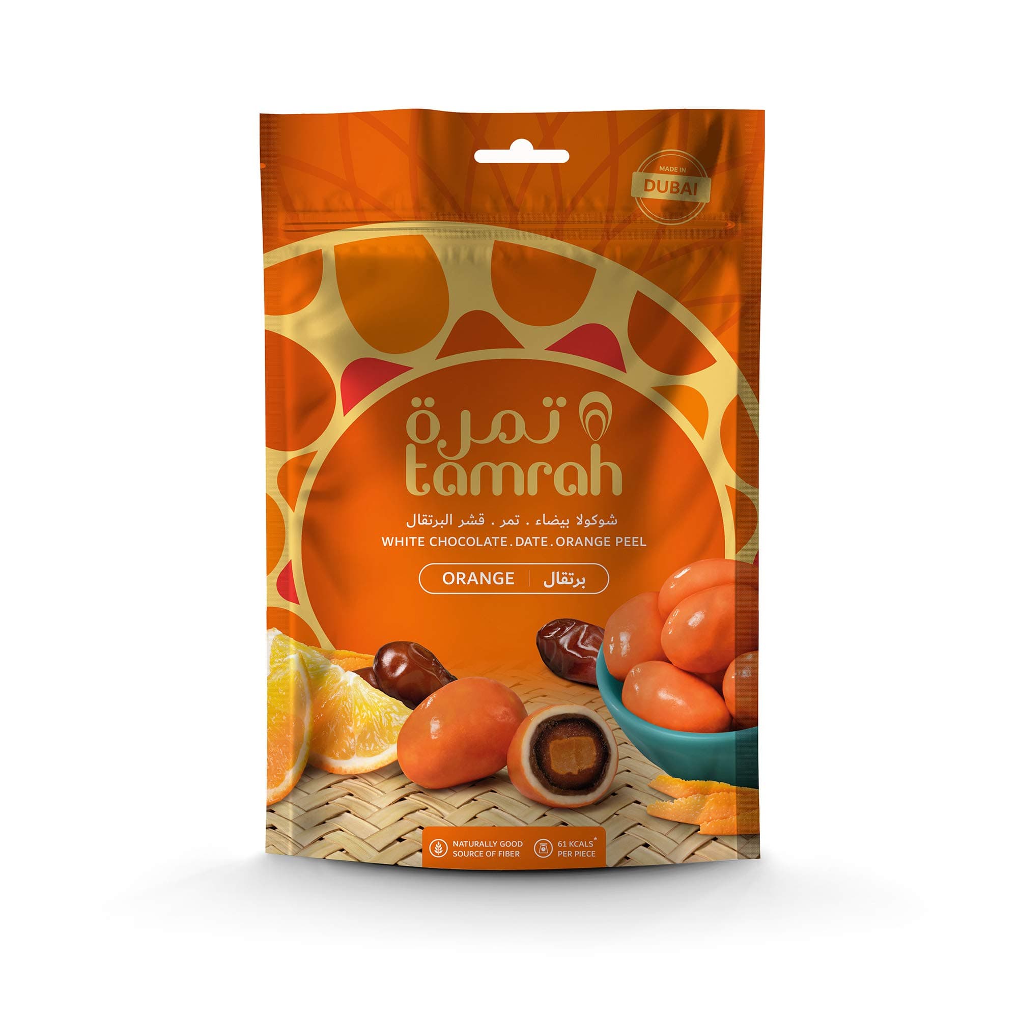 Tamrah Orange Chocolate Zipper Bag, 100g | Exquisite Date & Chocolate Combo with Almond Center | Irresistible Orange Flavor Snack | Luxurious Treat for Gifting, Sharing & Special Occasions