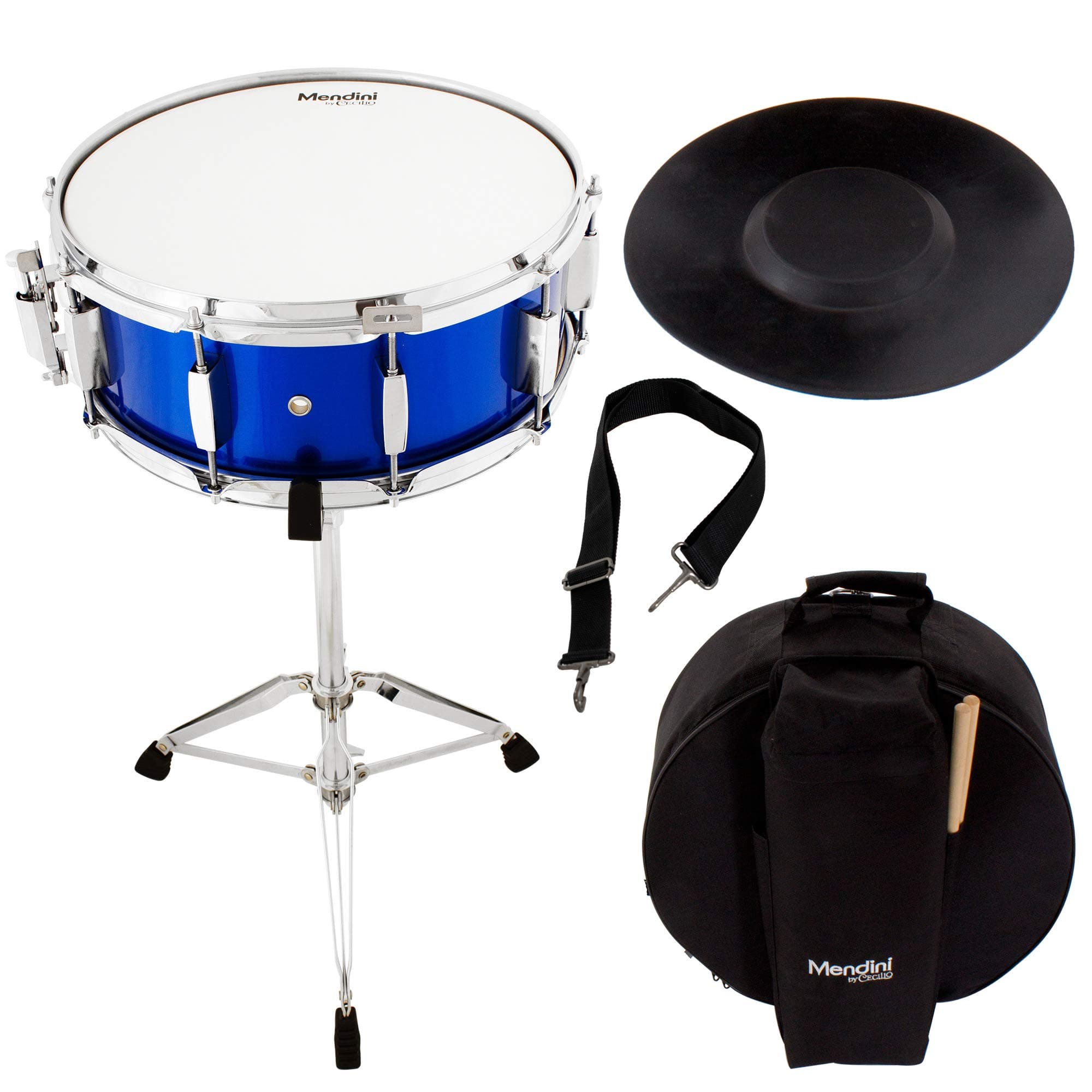 Mendini by Cecilio 14 x 5.5 inches Snare Drum Set, Marching School Band Student Beginner Practice Snare Drum With Gig Bag, Sticks, Stand and Practice Pad Kit (Blue)