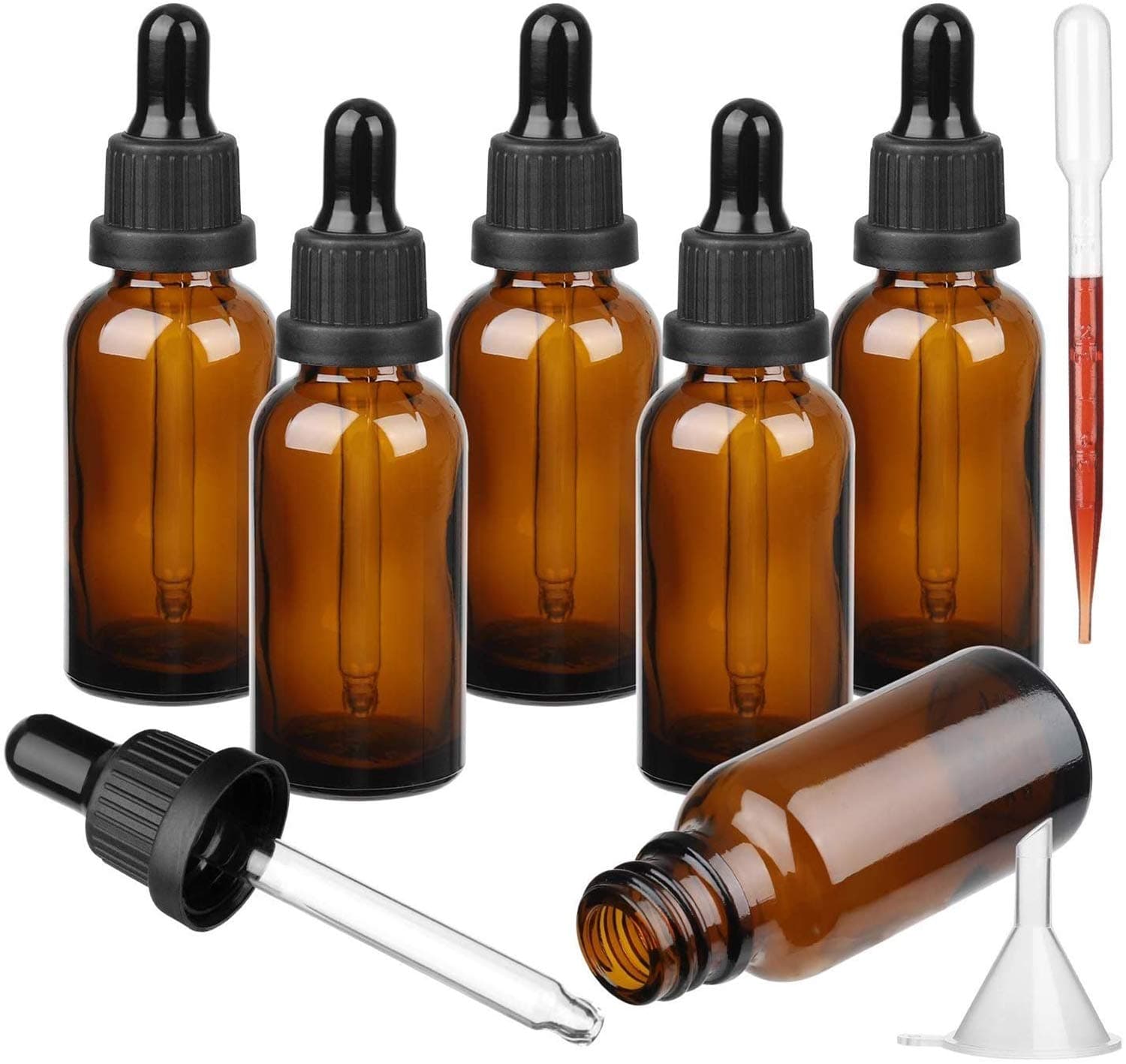 Amber Refillable Empty Glass Bottles with Dropper for Essential Oils Aromatherapy Blends Perfume (30ml / 1oz) - 6 Pieces