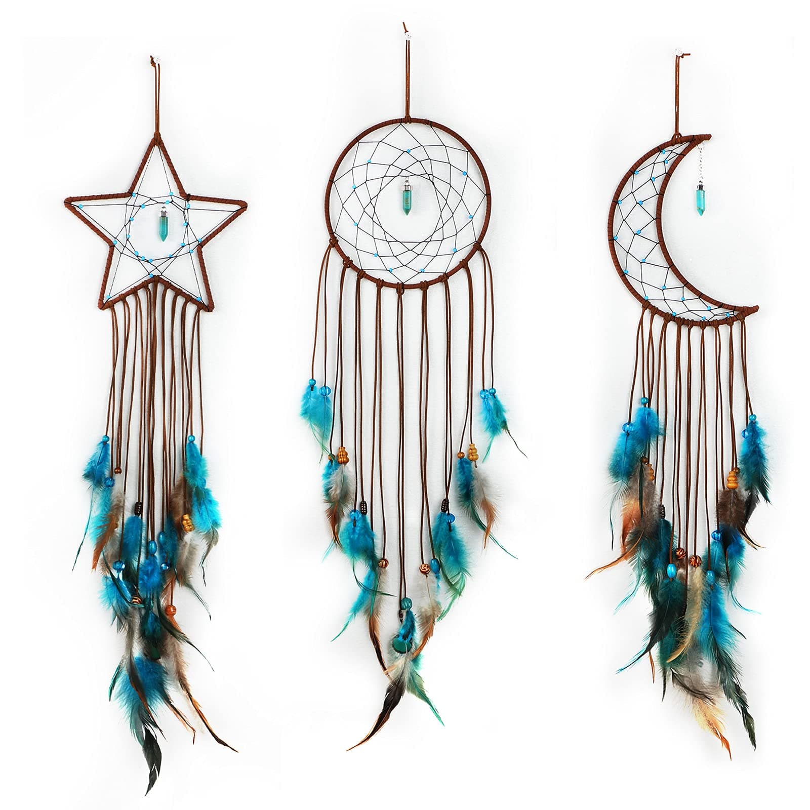 Jetec 3 Pcs Dream Catcher Moon Sun Star Design Handmade Traditional Craft Ornament Wall Hanging Home Decoration Bedroom Wedding Halloween Christmas Decorations(Dark Blue)