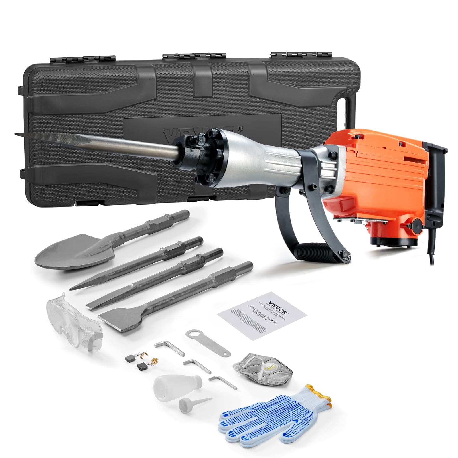 VEVOR Demolition Jack Hammer, MAX 2200W Electric Jackhammer Heavy Duty, 1400 BPM Concrete Breaker 4pcs Chisels Bit Chipping W/Case, Gloves