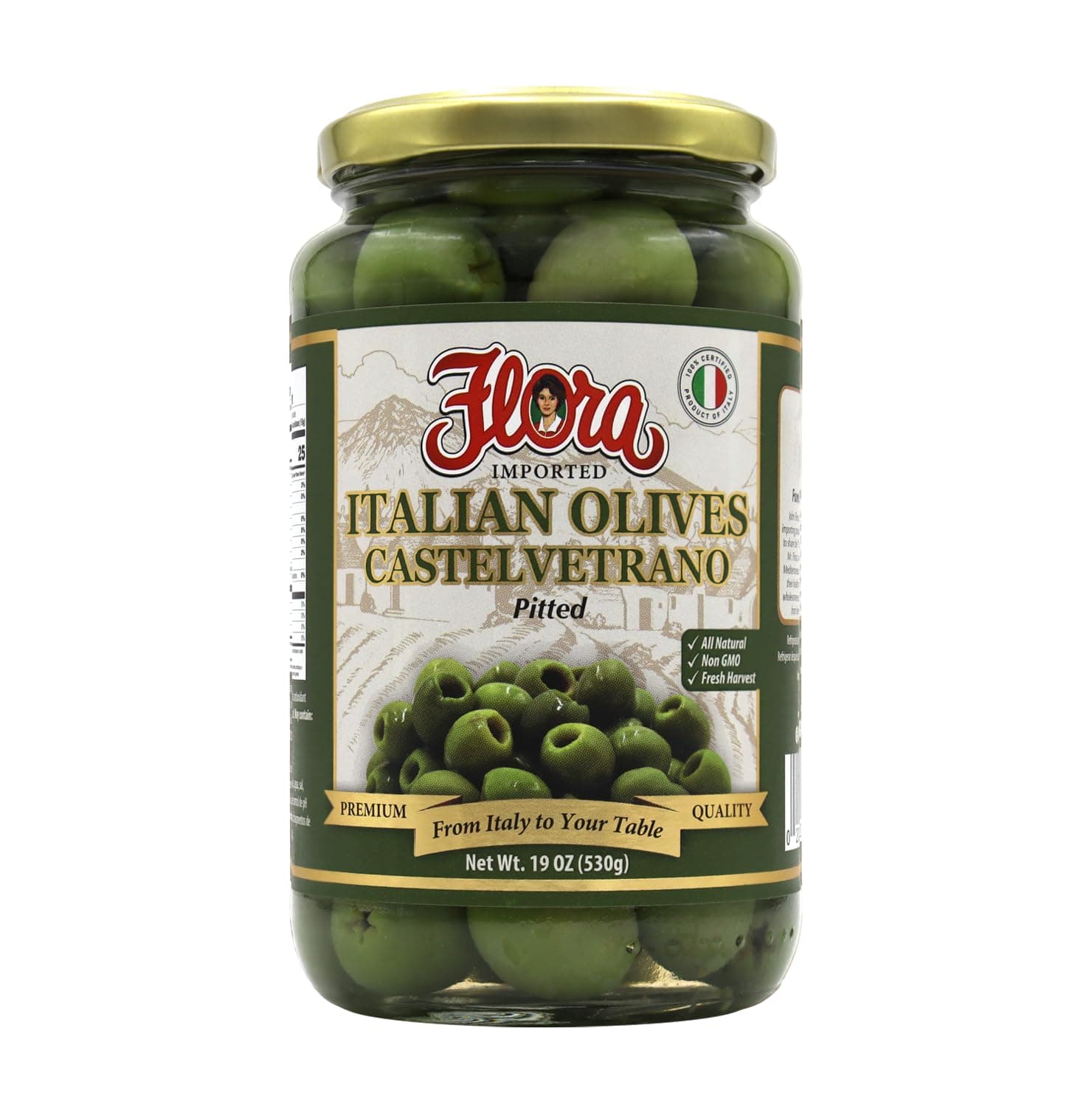 Flora Foods Italian Olives Castelvetrano Pitted | Sicilian Olives | 19 oz (530g) | 100% Italian | All Natural | Non GMO | Fresh Harvest