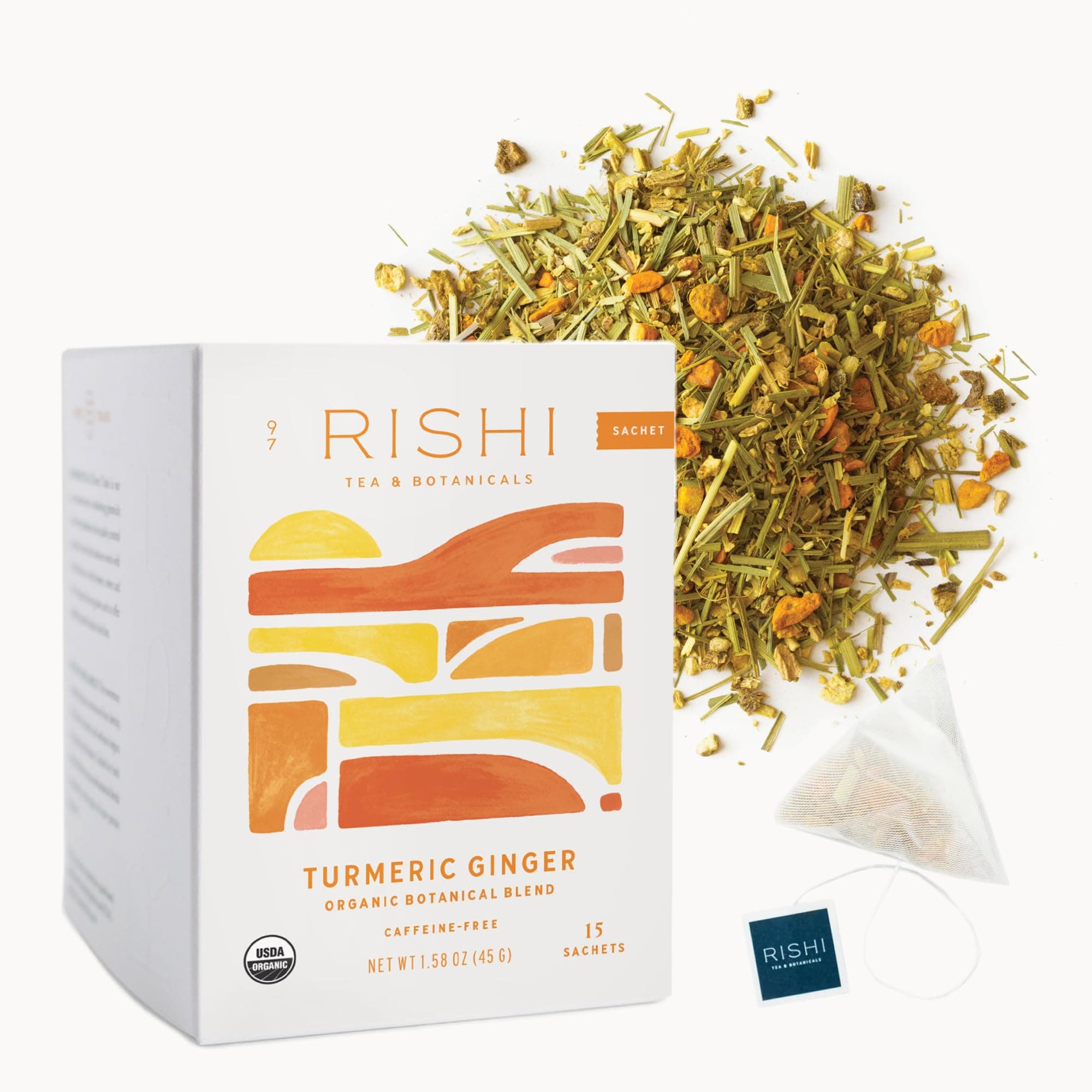 Rishi Tea Turmeric Ginger Herbal Tea - Organic Sachet Bags, Caffeine Free Blend with Spicy Ginger & Citrus, Hot or Iced - 15 Count (Pack of 1)