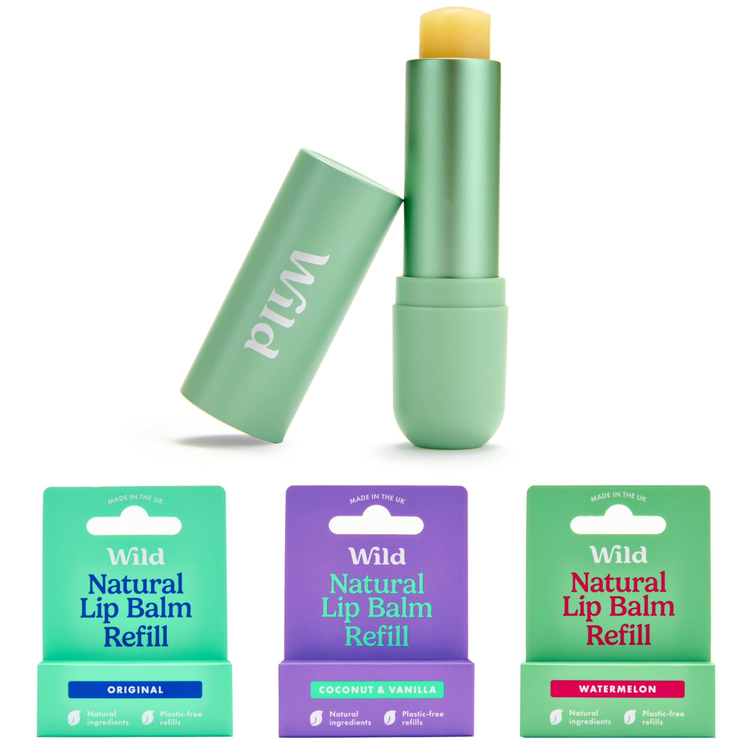 WildNatural Refillable Lip Balm Starter Kit - Includes Sage Green Aluminium Case & 3 Pack Lip Balm Refills in a Variety of Scents - Includes Original, Coconut & Vanilla and Watermelon Scents