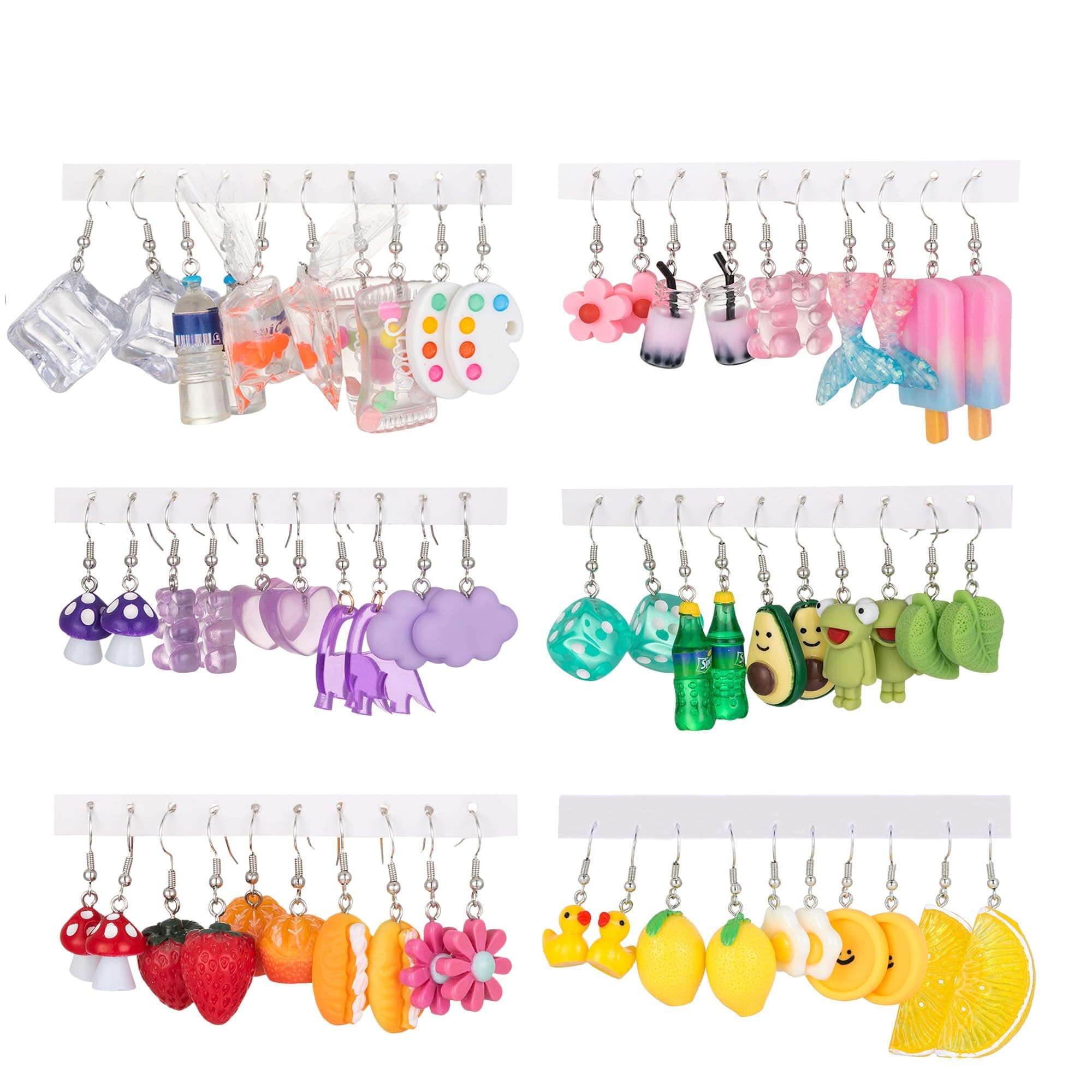 30 Pairs Weird Cute Funny Clip On/Dangle Earrings For Women Unique Bear Duck Mushroom Fruit Flowers Drop Dangle Earrings for Women Various Food Animal Earrings Set